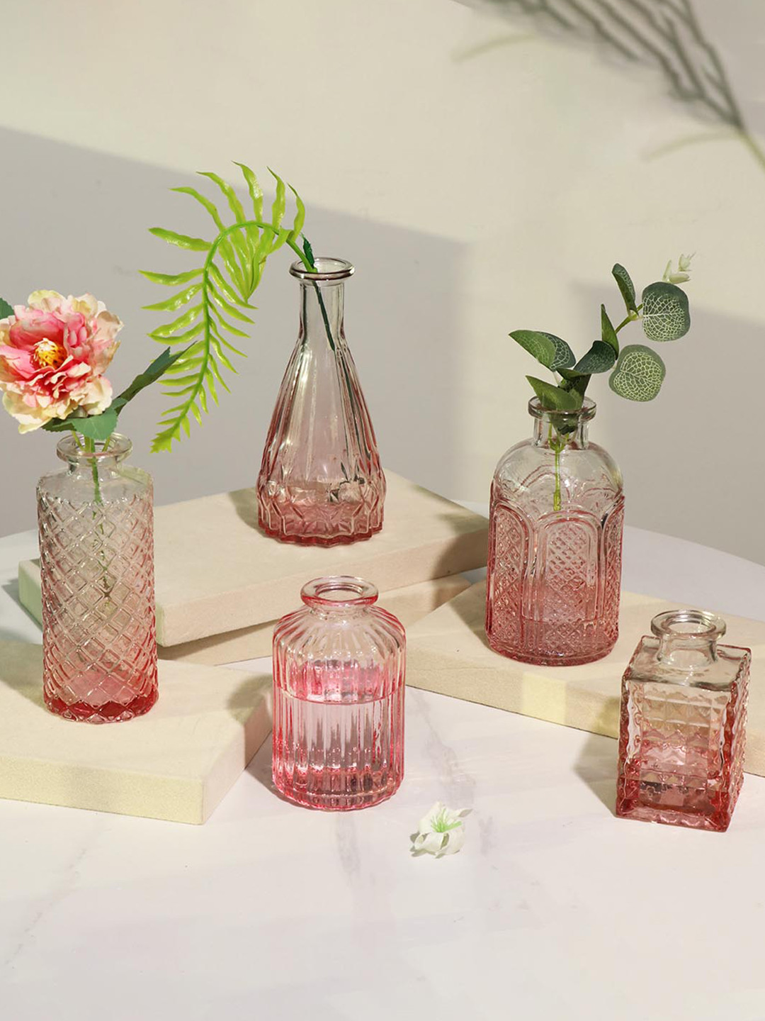 Art Street Pink 5 Pieces Crystal Clear Bud Flower Vases