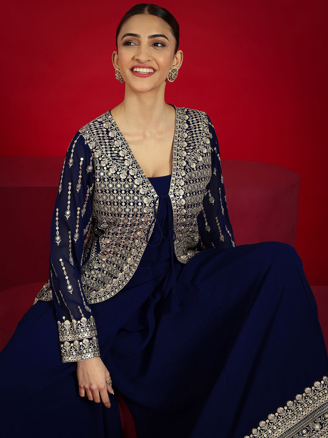 Libas Art Round Neck Sequinned Work Top With Palazzo & Floral Embroidered Jacket