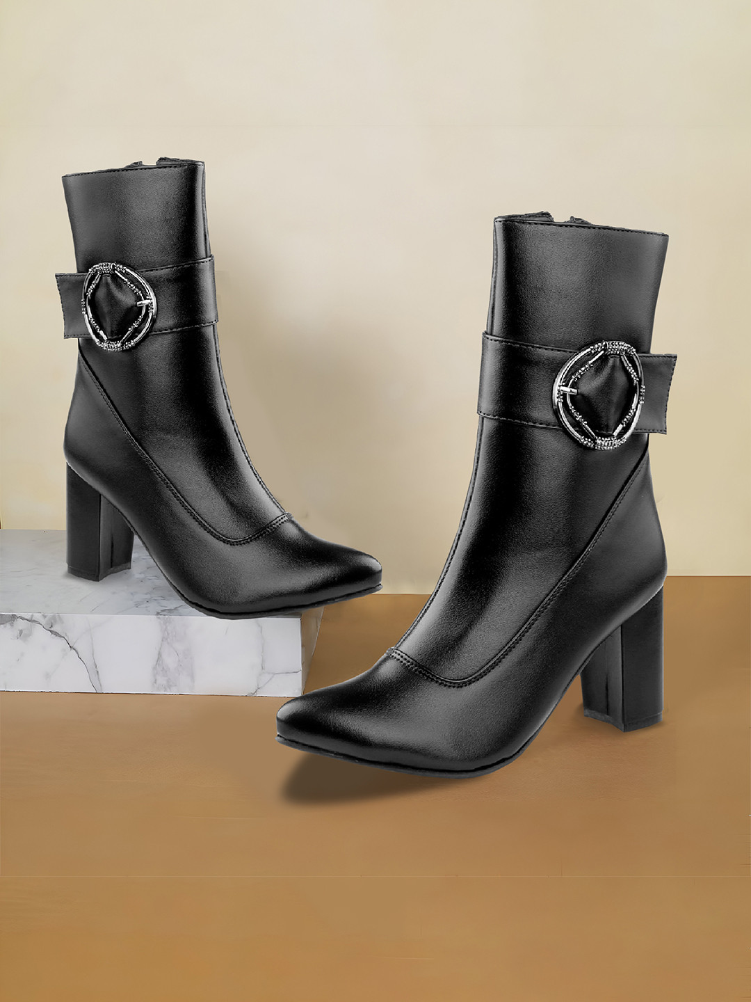 Bxxy Women Classic High-Ankle Zipper Boots with Buckle Design