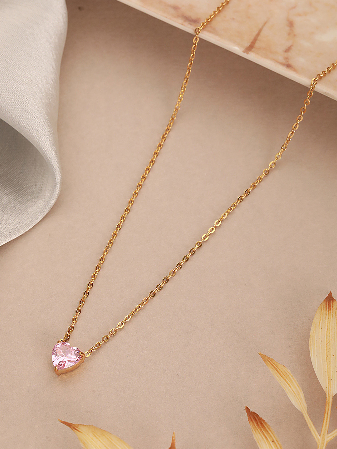 Zaisha 18K Gold Plated Pink Heart Stone Dainty Necklace