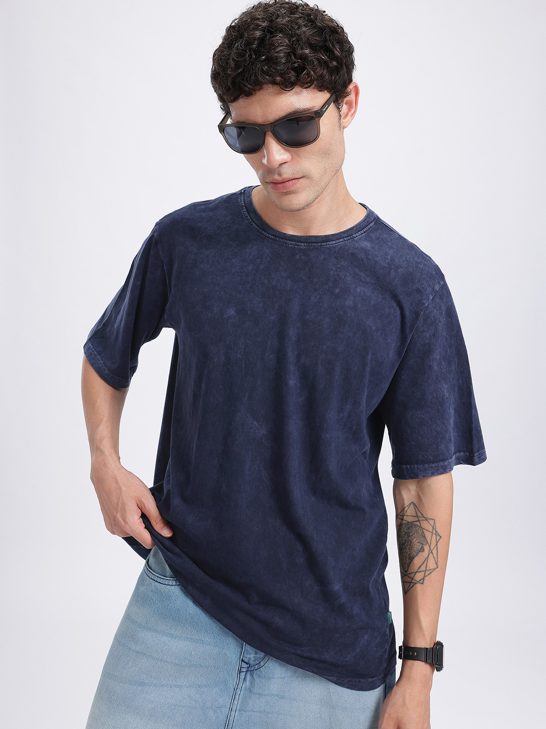 Navy Blue Washed Effect Oversized Drop-Shoulder T-shirt