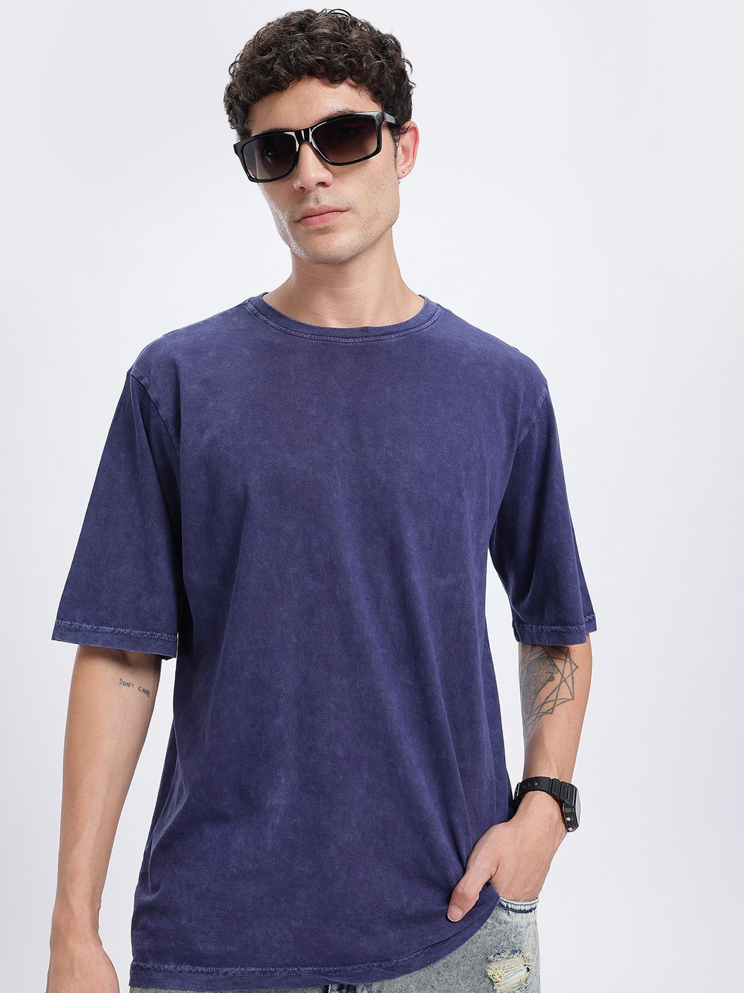 Navy Blue Washed Effect Oversized Drop-Shoulder T-shirt