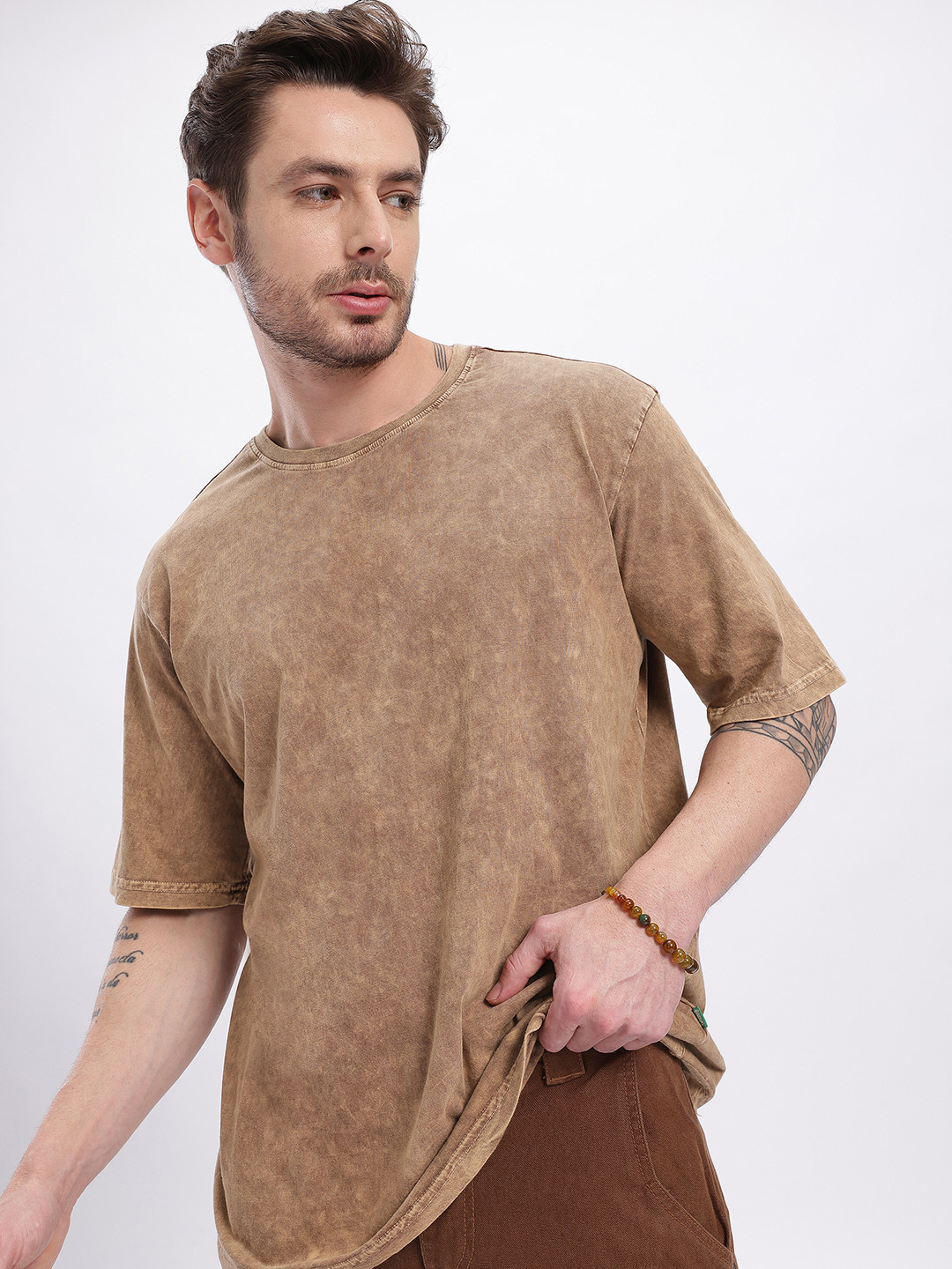 Washed Effect Brown Oversized T-shirt