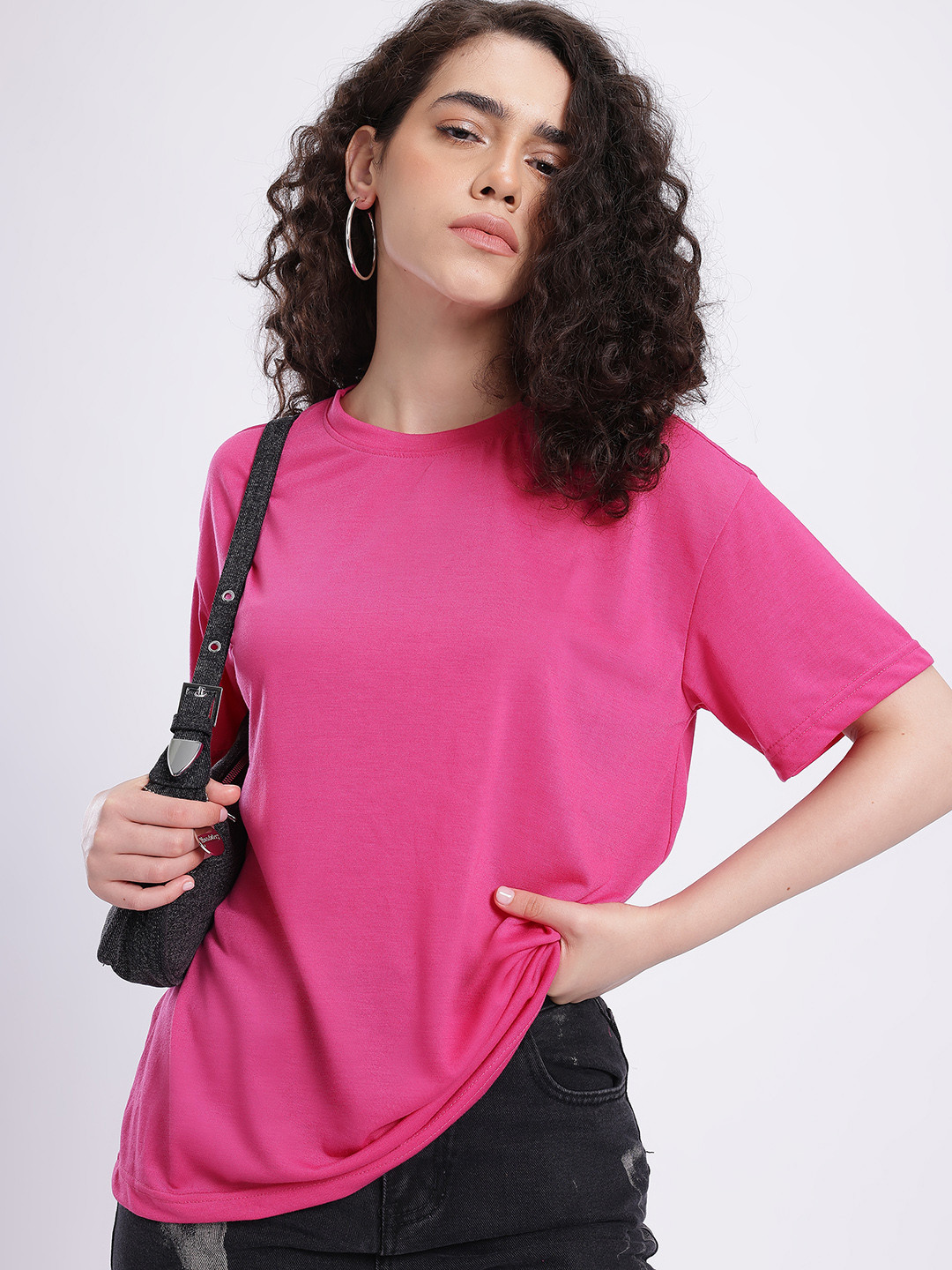 Pink Relaxed Fit Round Neck T-shirt with Short Sleeves