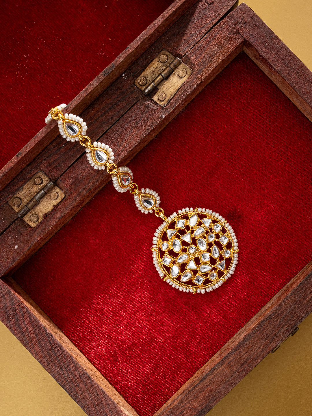 PANASH Gold-Plated Kundan Studded & Pearls Beaded Maang Tikka