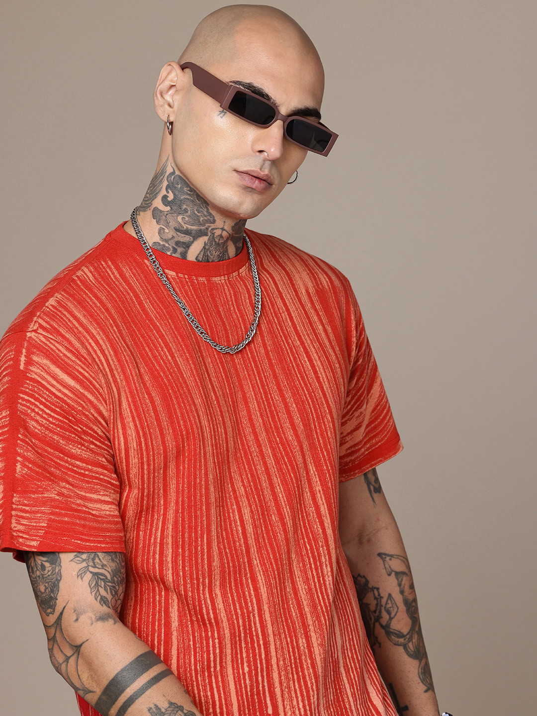 R.Code by The Roadster Life Co. Striped Tie and Dye Printed Relaxed Fit T-shirt