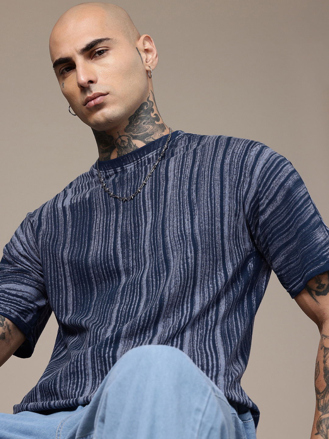 R.Code by The Roadster Life Co. Striped Tie and Dye Printed Relaxed Fit T-shirt