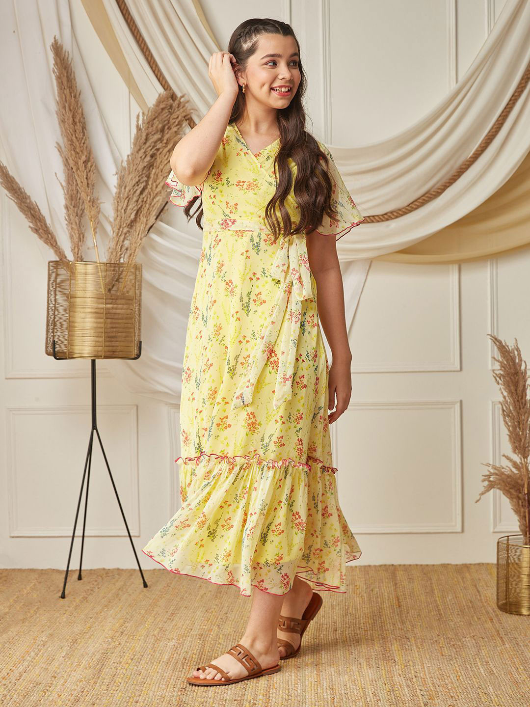 BAESD Girls V Neck Flared Sleeve Floral Wrap Maxi Dress