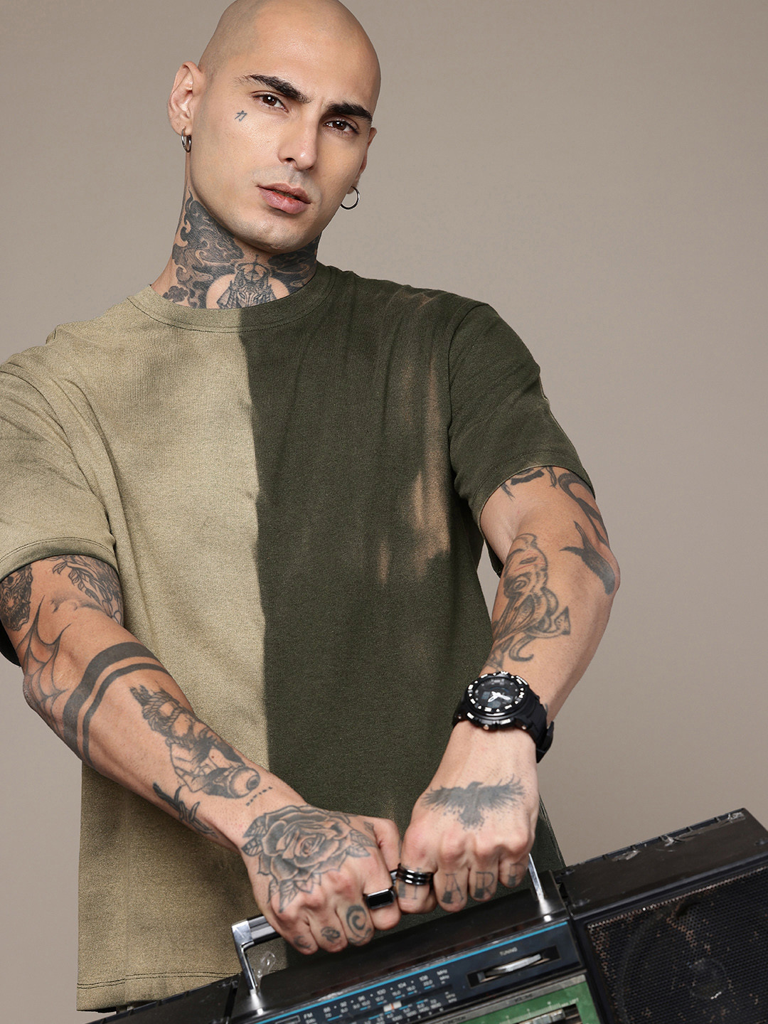 R.Code by The Roadster Life Co. Colourblocked Tie and Dye Printed Relaxed Fit T-shirt