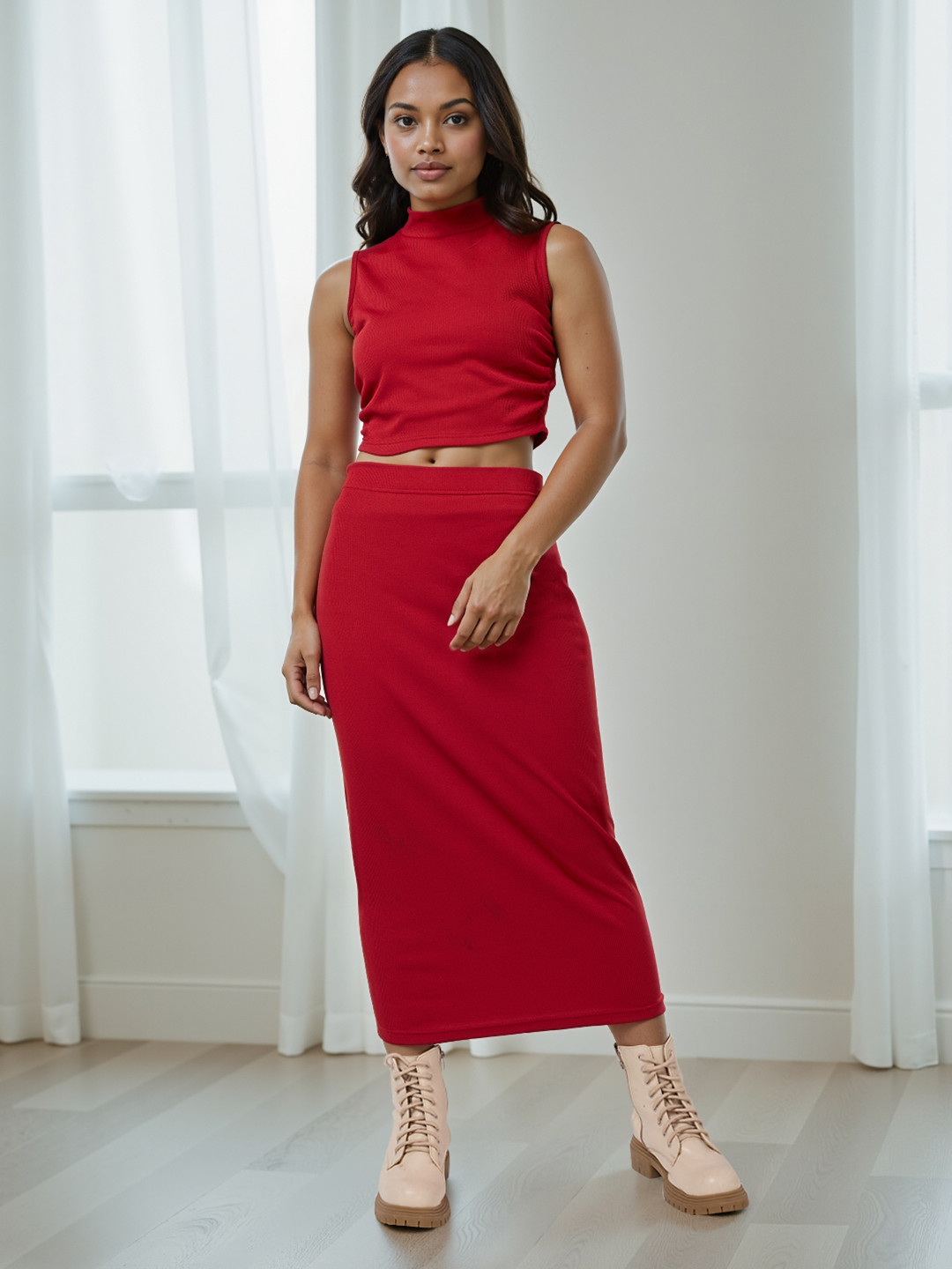 SZN Solid Sleeveless High Neck Top With Skirt