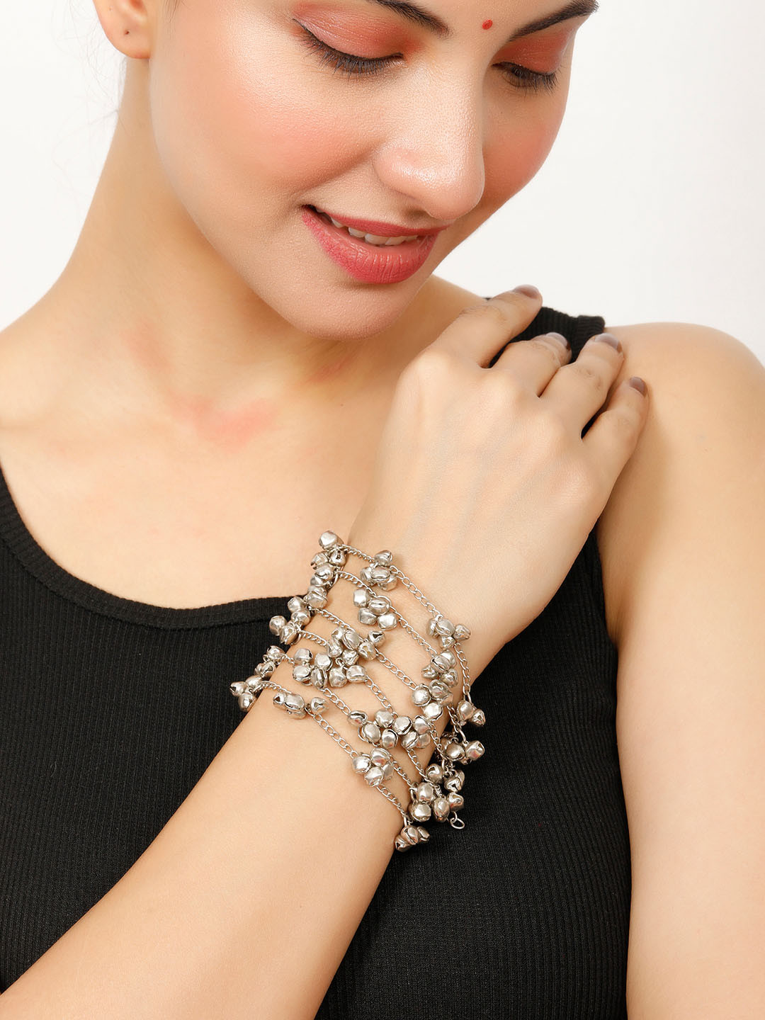 VIVAZS Oxidised Silver Plated Multilayered Chain Bracelet With Silver Bells