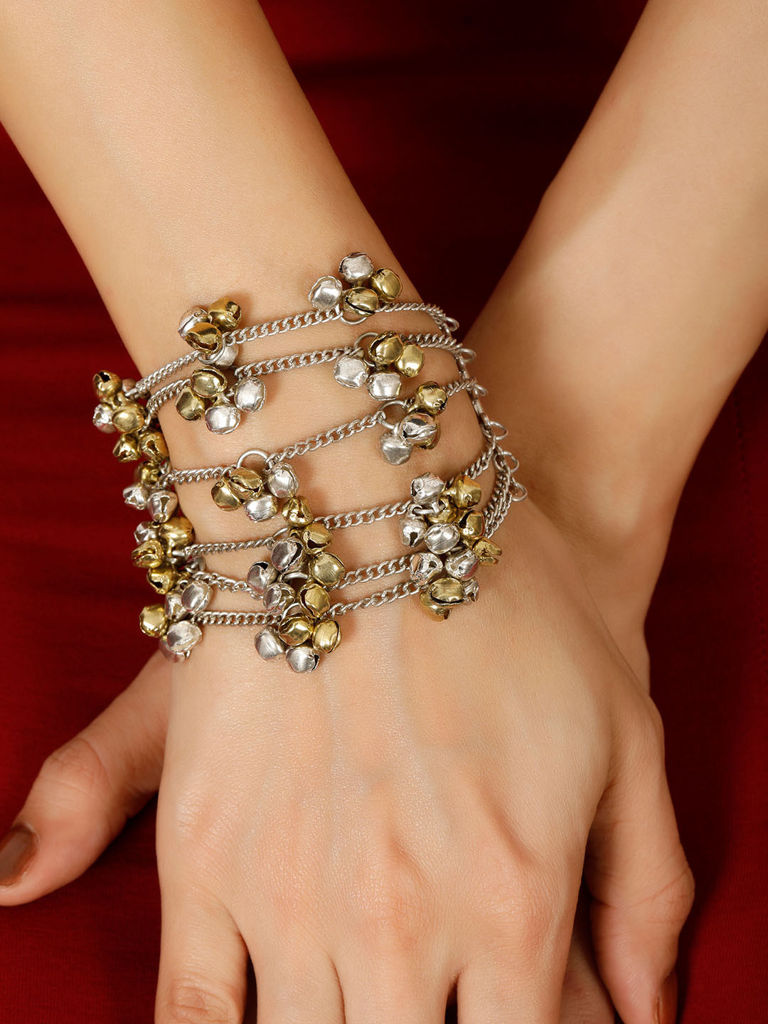 VIVAZS Oxidised Silver-Plated Golden & Silver Bells Multi-Layered Chain Bracelet