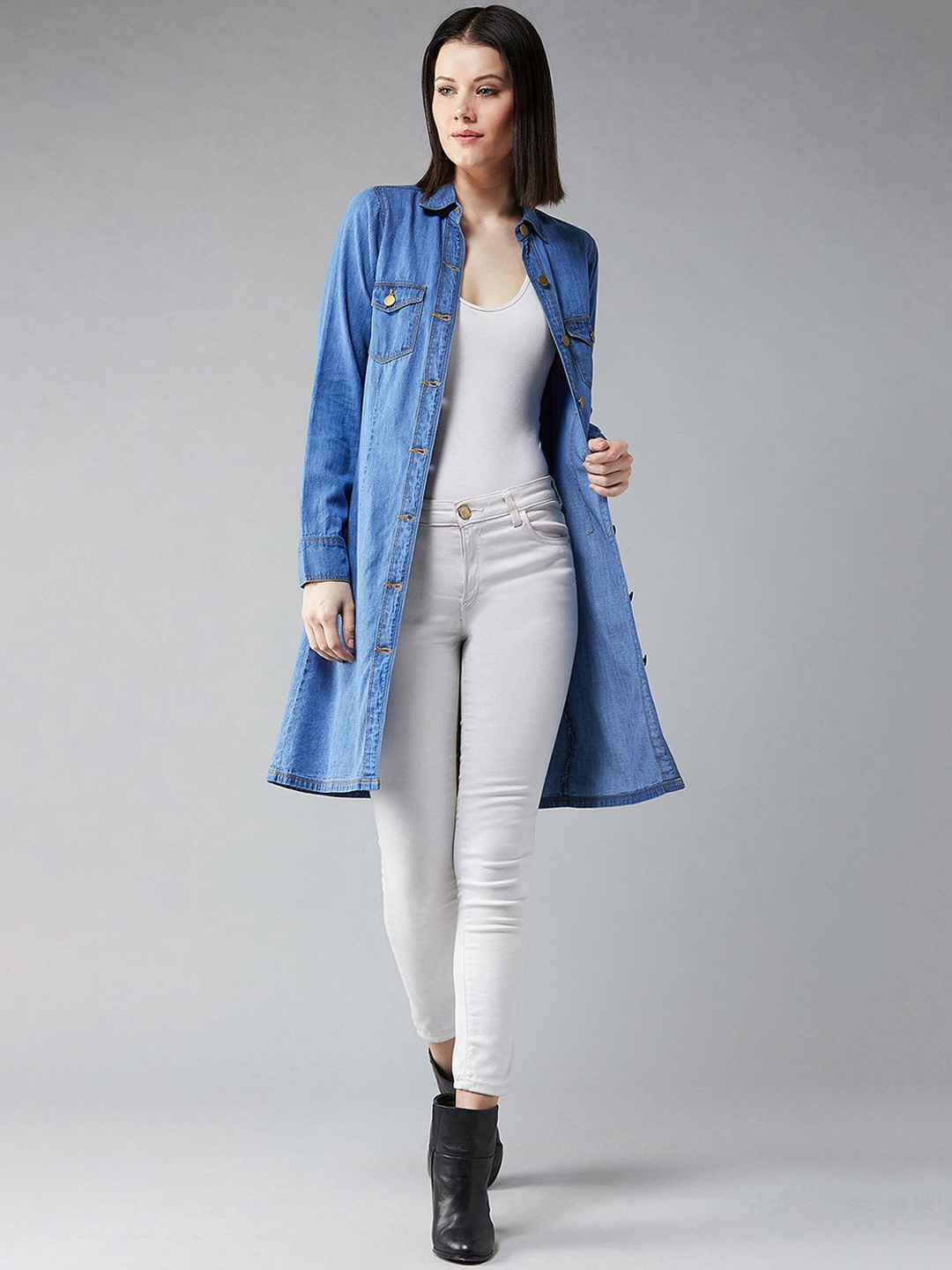 DOLCE CRUDO Women Blue Polo Neck Full Sleeves Denim Knee-Long Lightweight Jacket