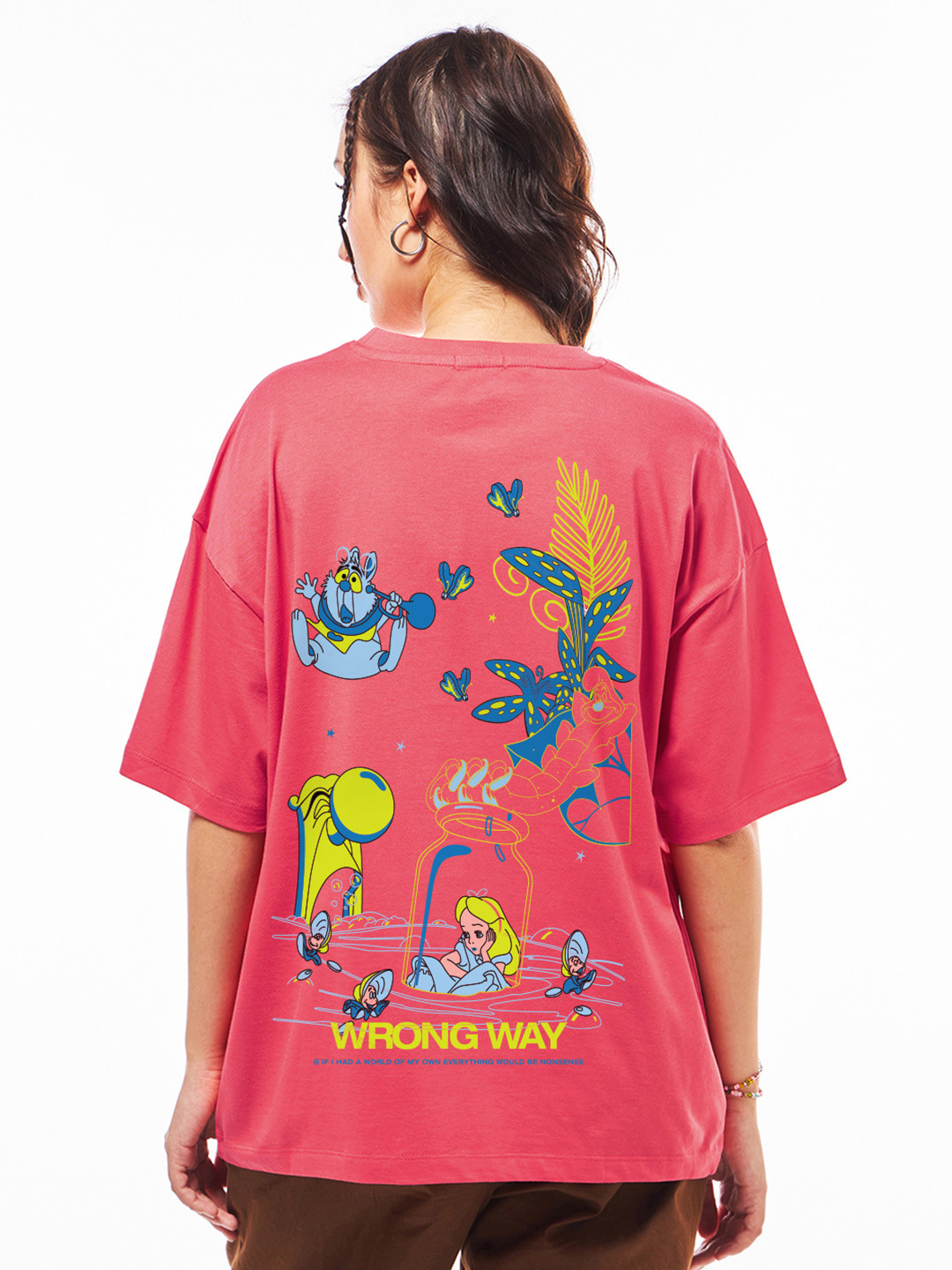 Bewakoof Women Pink Wrong Way Graphic Printed Oversized T-shirt