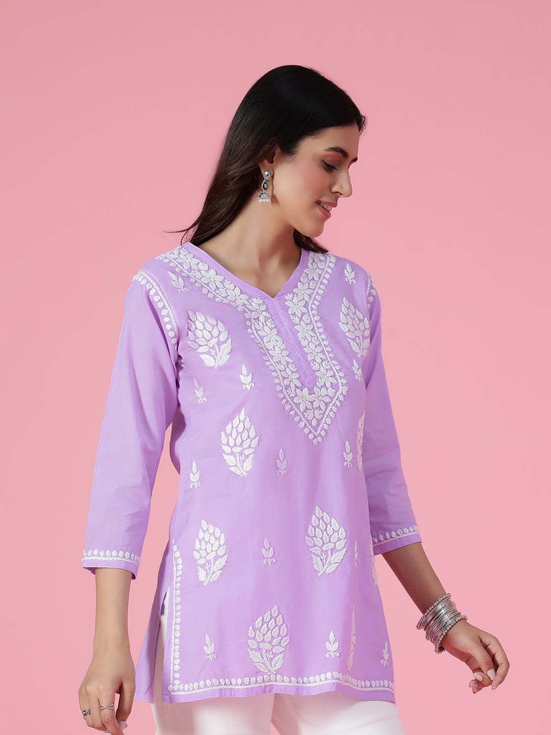 House of Chikankari Cotton Chikankari Solid Women's Short Kurta - Purple