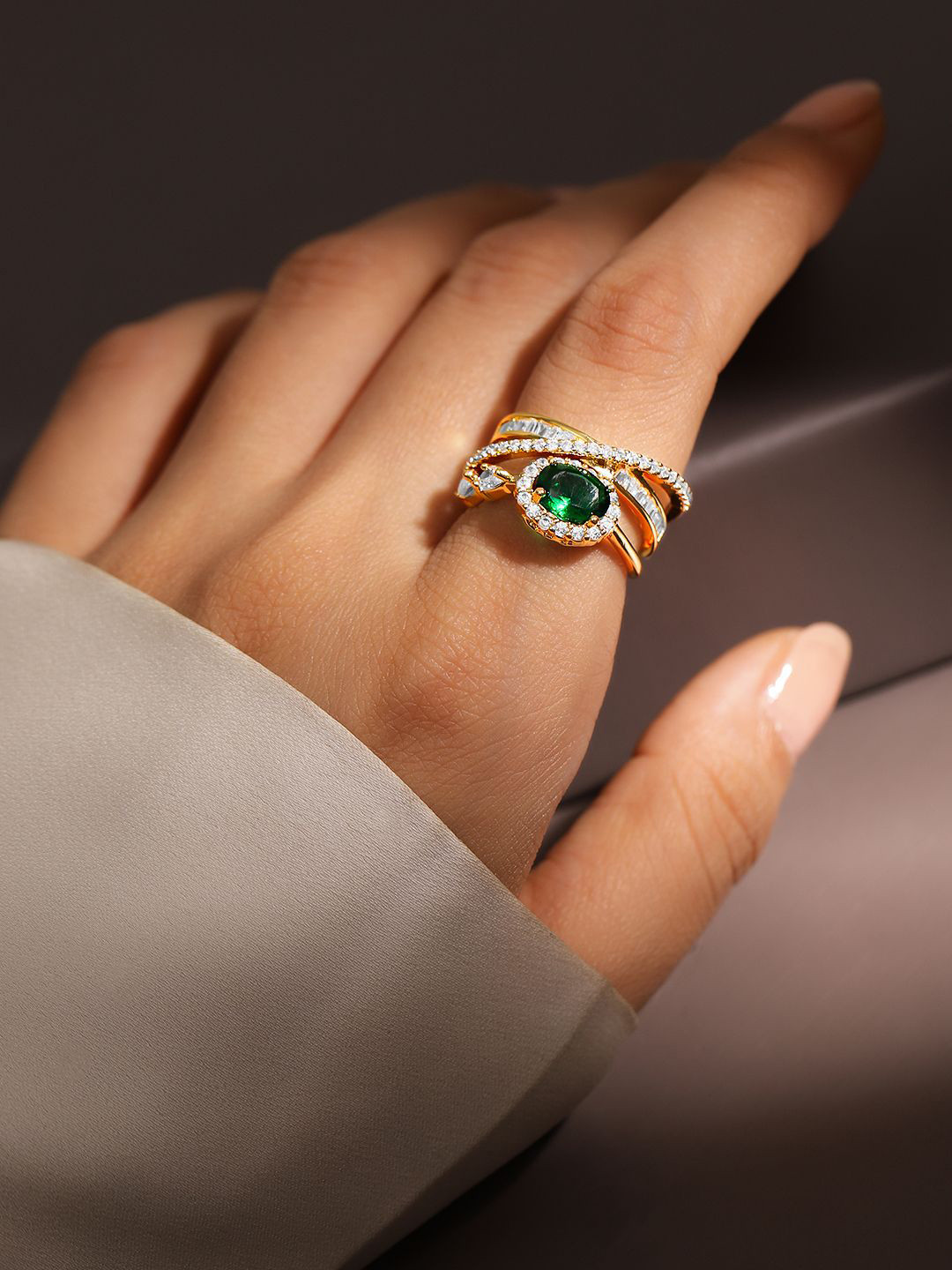 Rubans 18K Gold Plated Emerald Green & Cubic Zirconia Studded Adjustable Statement Ring