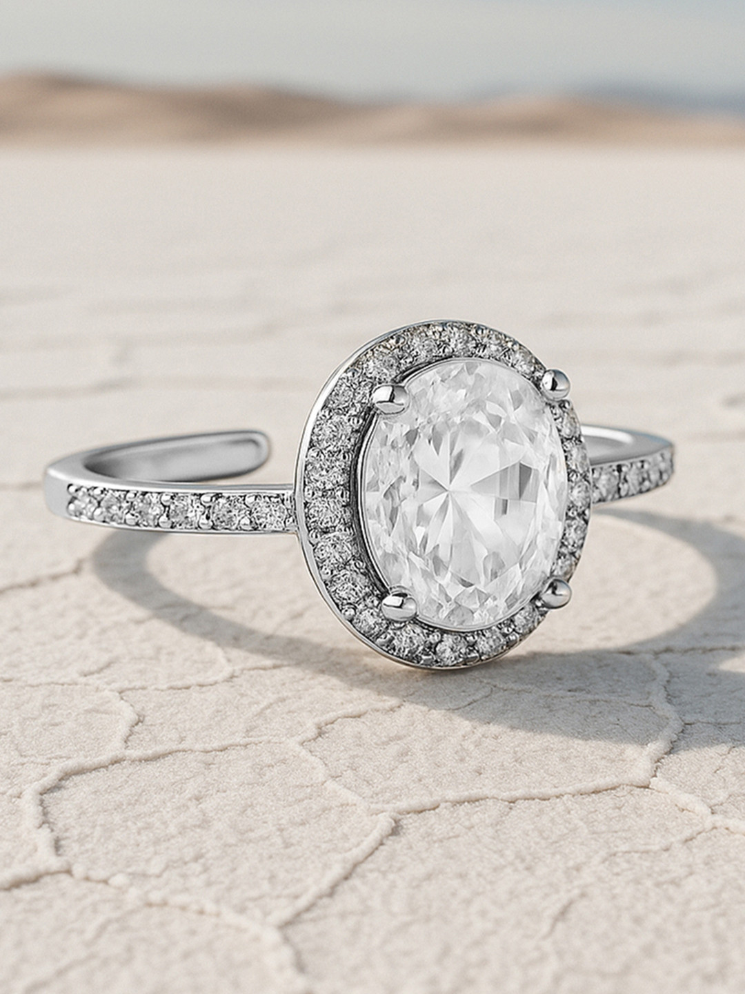 Rubans Rhodium Plated Oval Cut Cubic Zirconia Studded Adjustable Ring