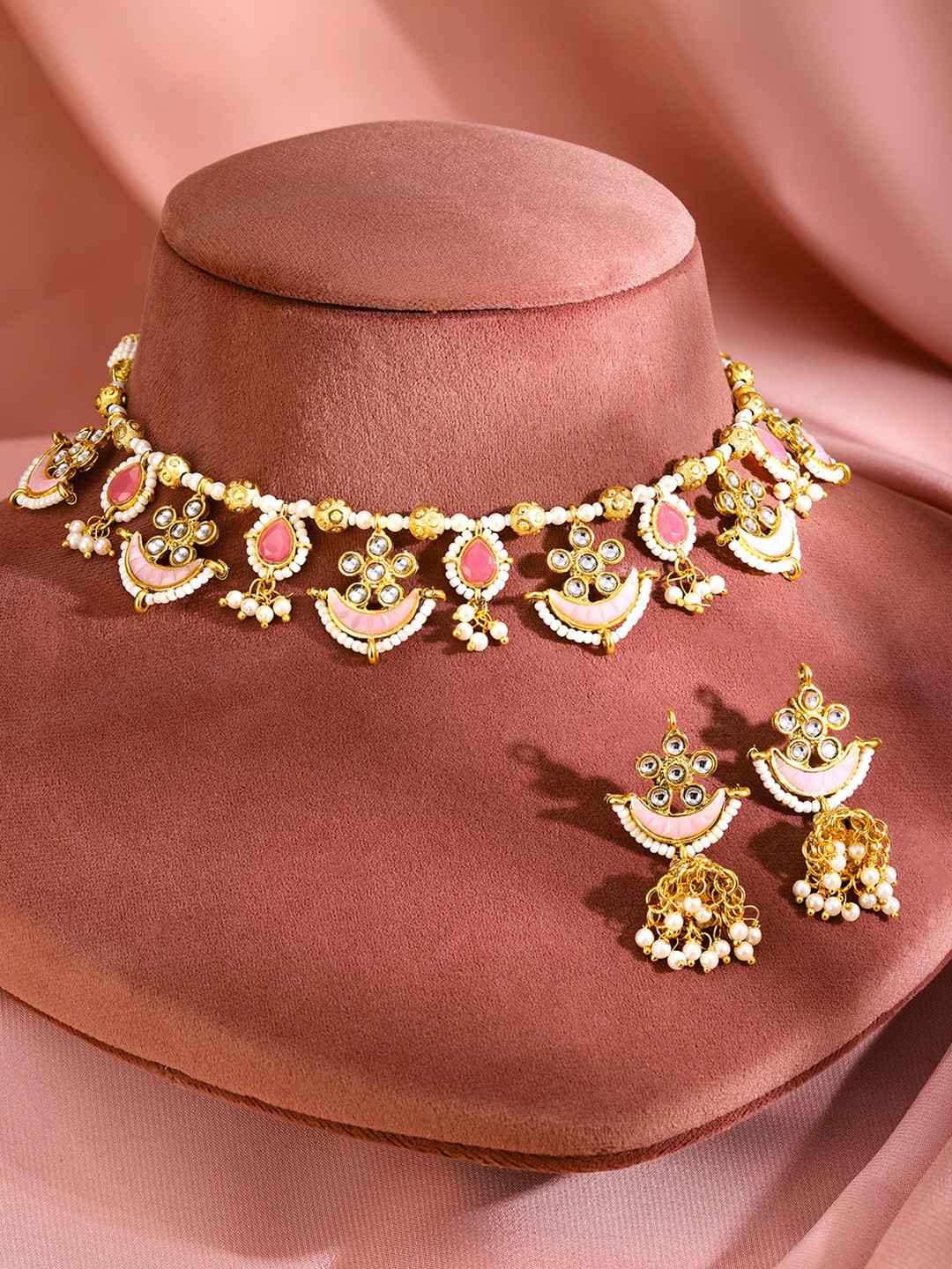 Rubans 22K Gold Plated Pink & White Enamelled Kundan Studded Choker Set with Pearl Details