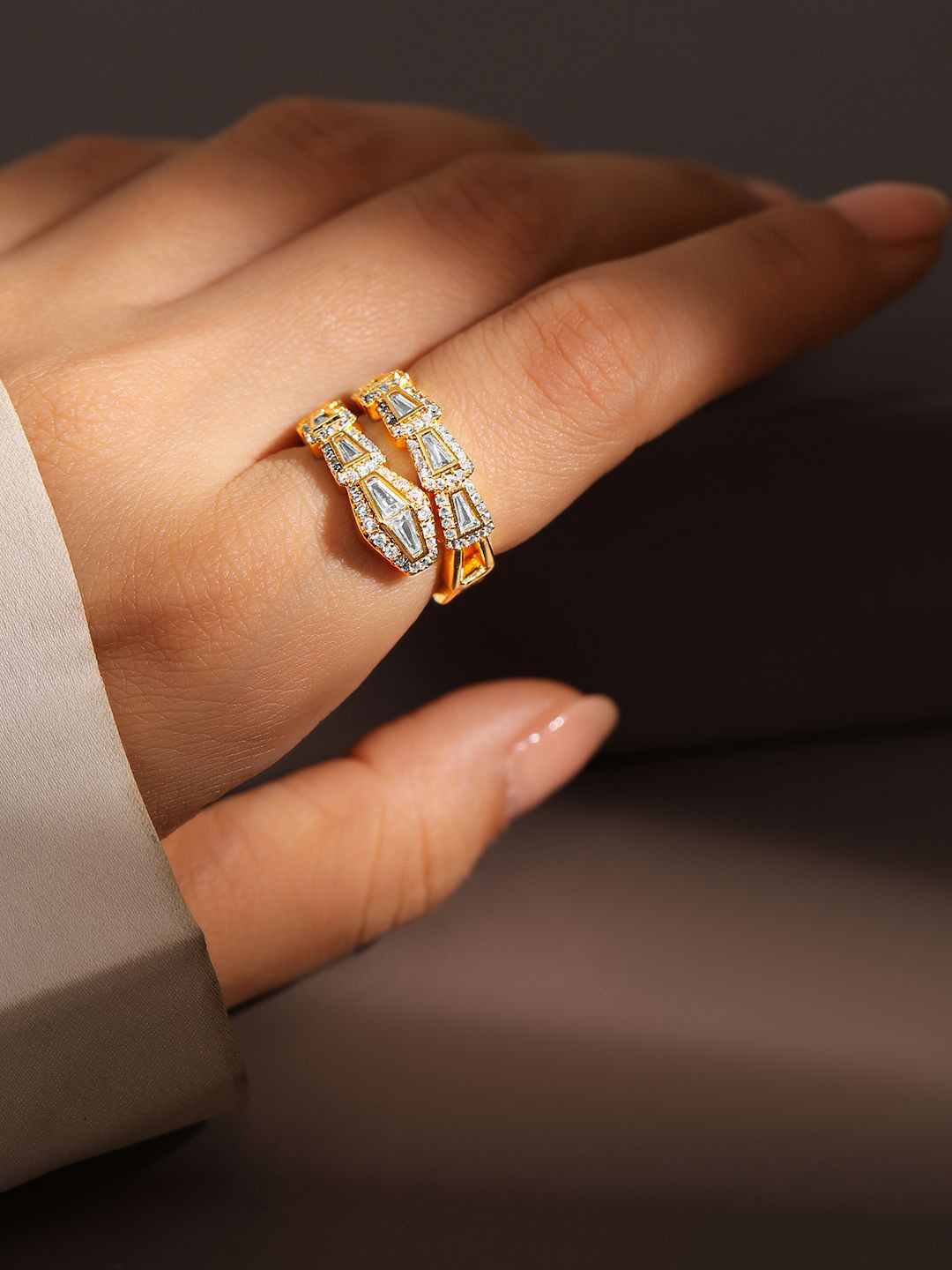 Rubans 18K Gold Plated Serpent Inspired Cubic Zirconia Studded Adjustable Ring