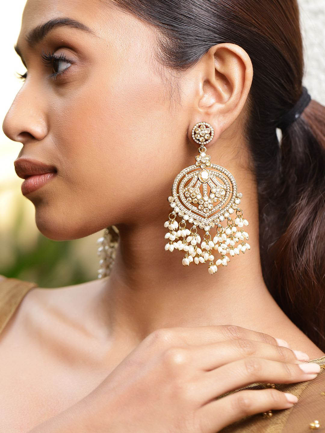 Rubans 18K Gold Plated Champagne Kundan Studded & Pearl Beaded Handcrafted Long Chandbali
