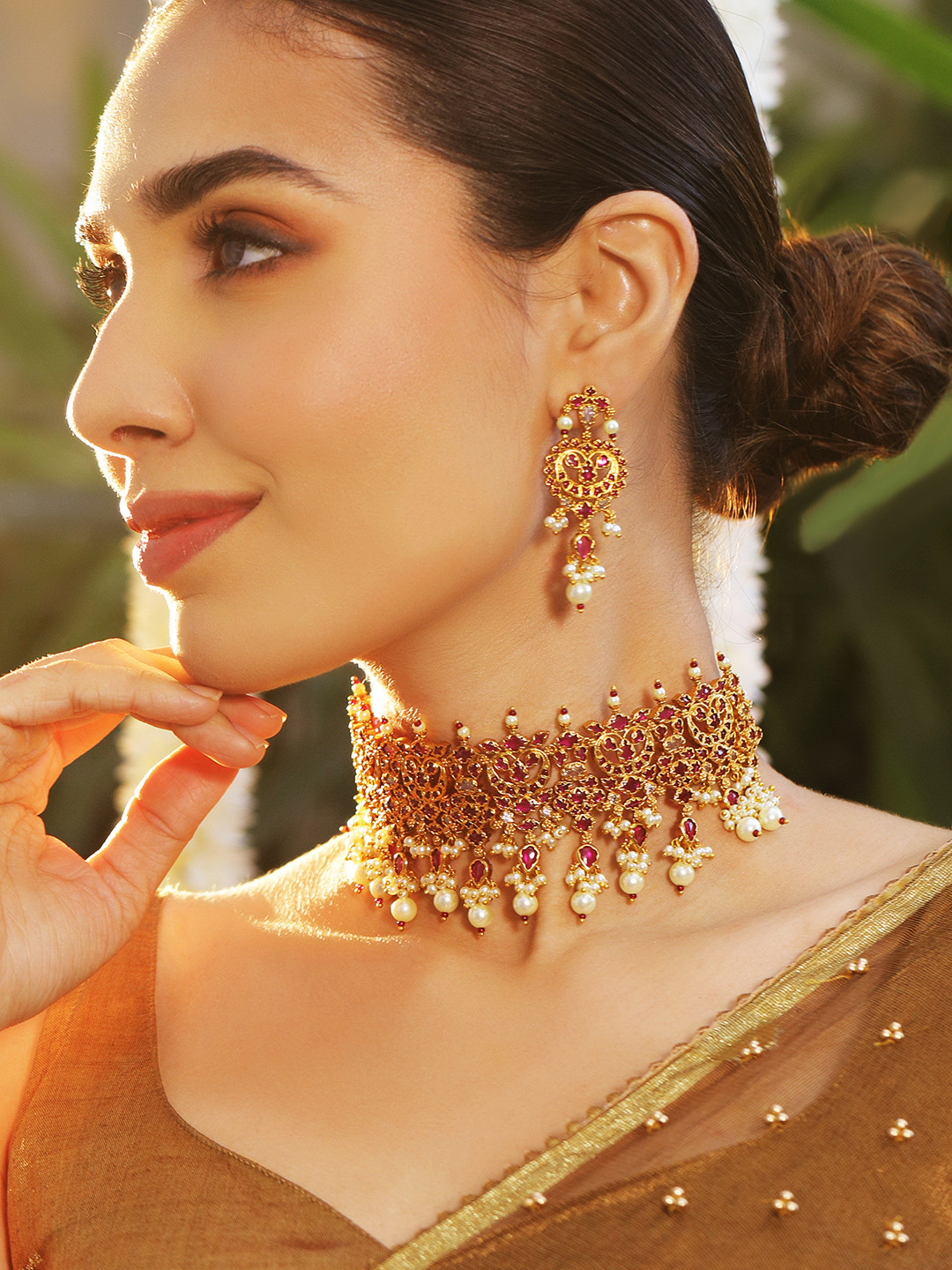 Rubans 24K Gold Plated Ruby Studded & Pearl Beaded Handcrafted Choker Necklace Set