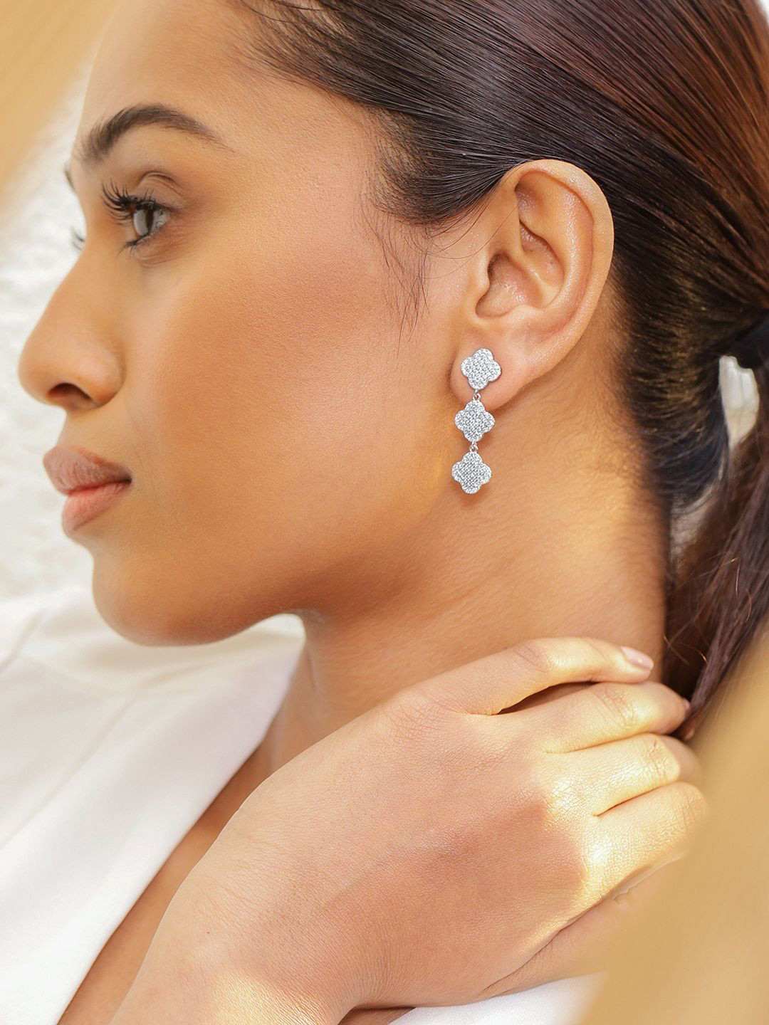 Rubans Rhodium Plated Cubic Zirconia Studded Floral Drop Earrings