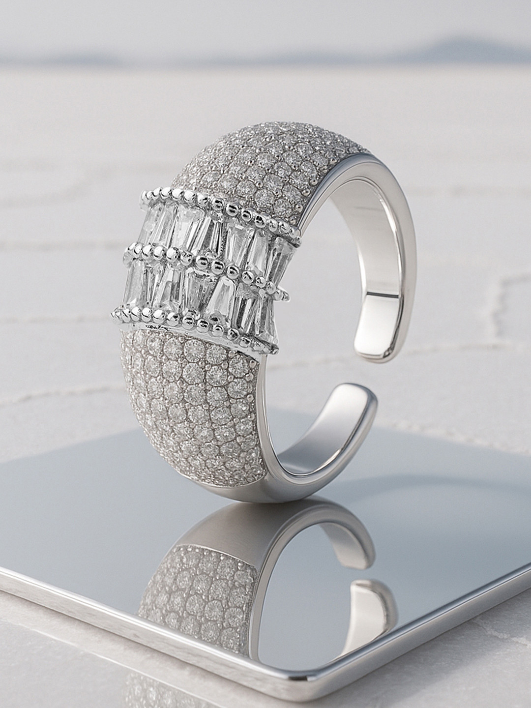 Rubans Rhodium Plated Pave & Baguette Cubic Zirconia Studded Adjustable Ring