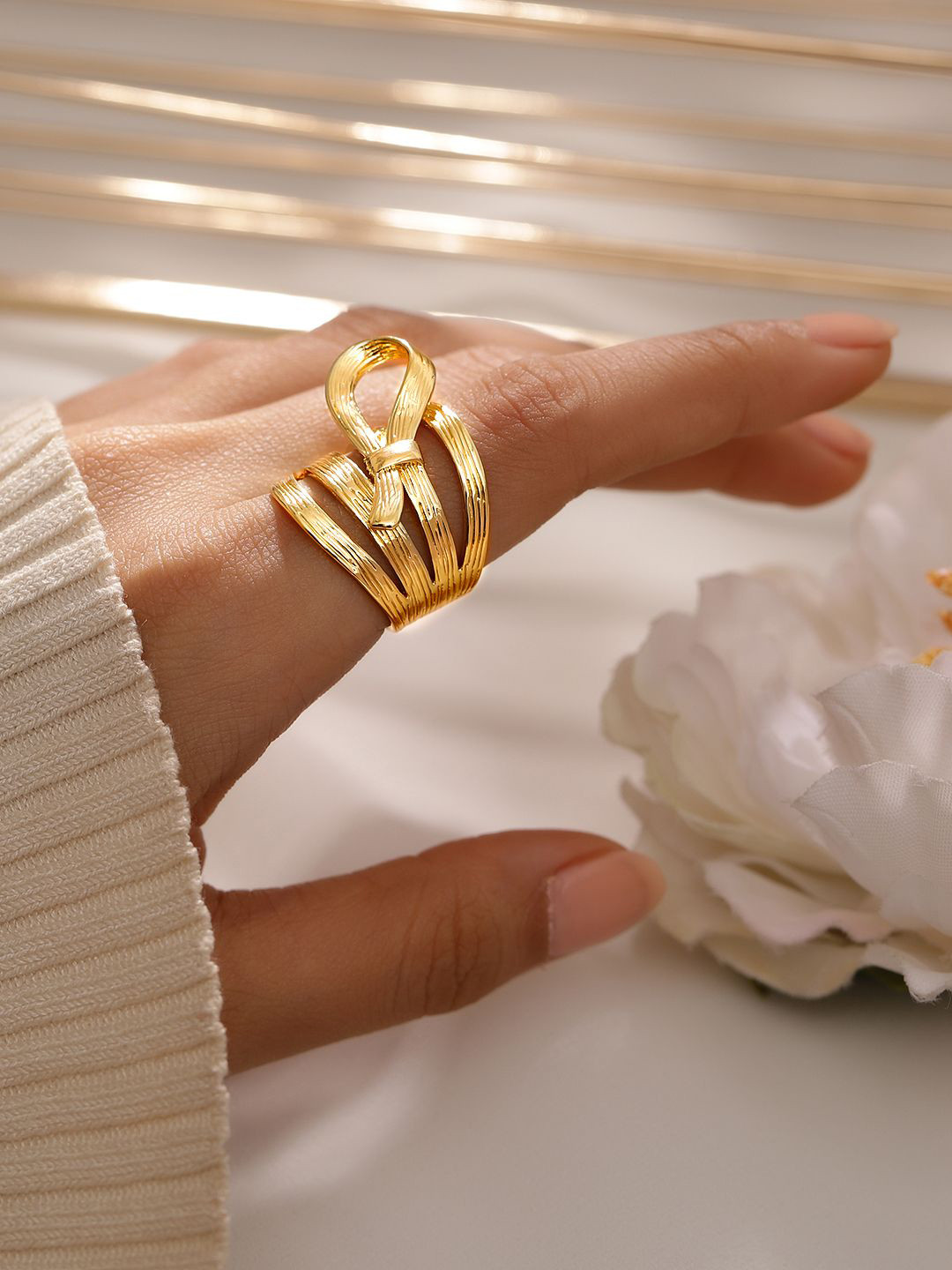 Rubans Voguish 18K Gold Plated Textured Ribbon Statement Adjustable Ring