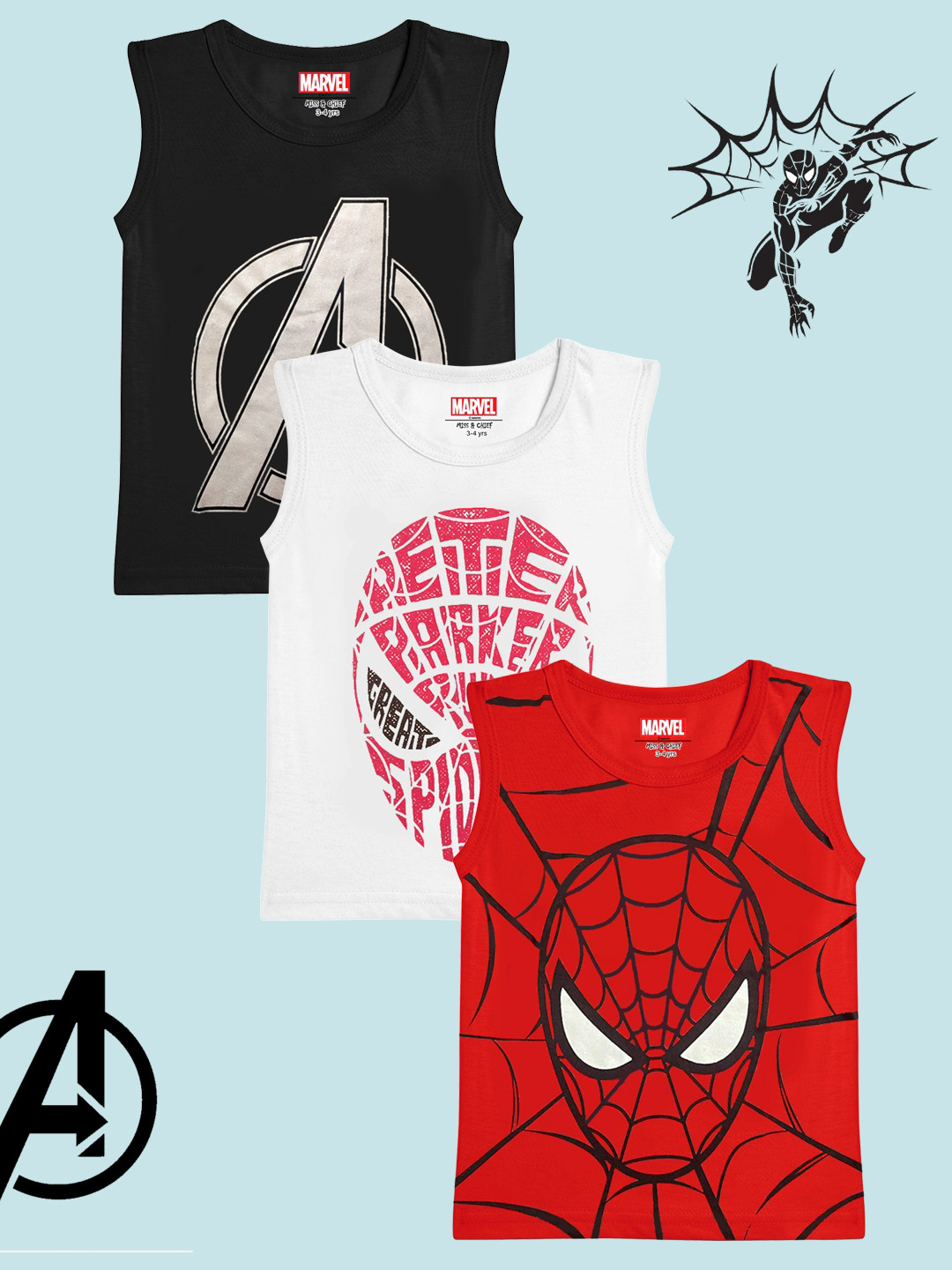 Marvel by Miss and Chief Boys Pack Of 3 Marvel Superhero Printed Regular Fit T-shirts