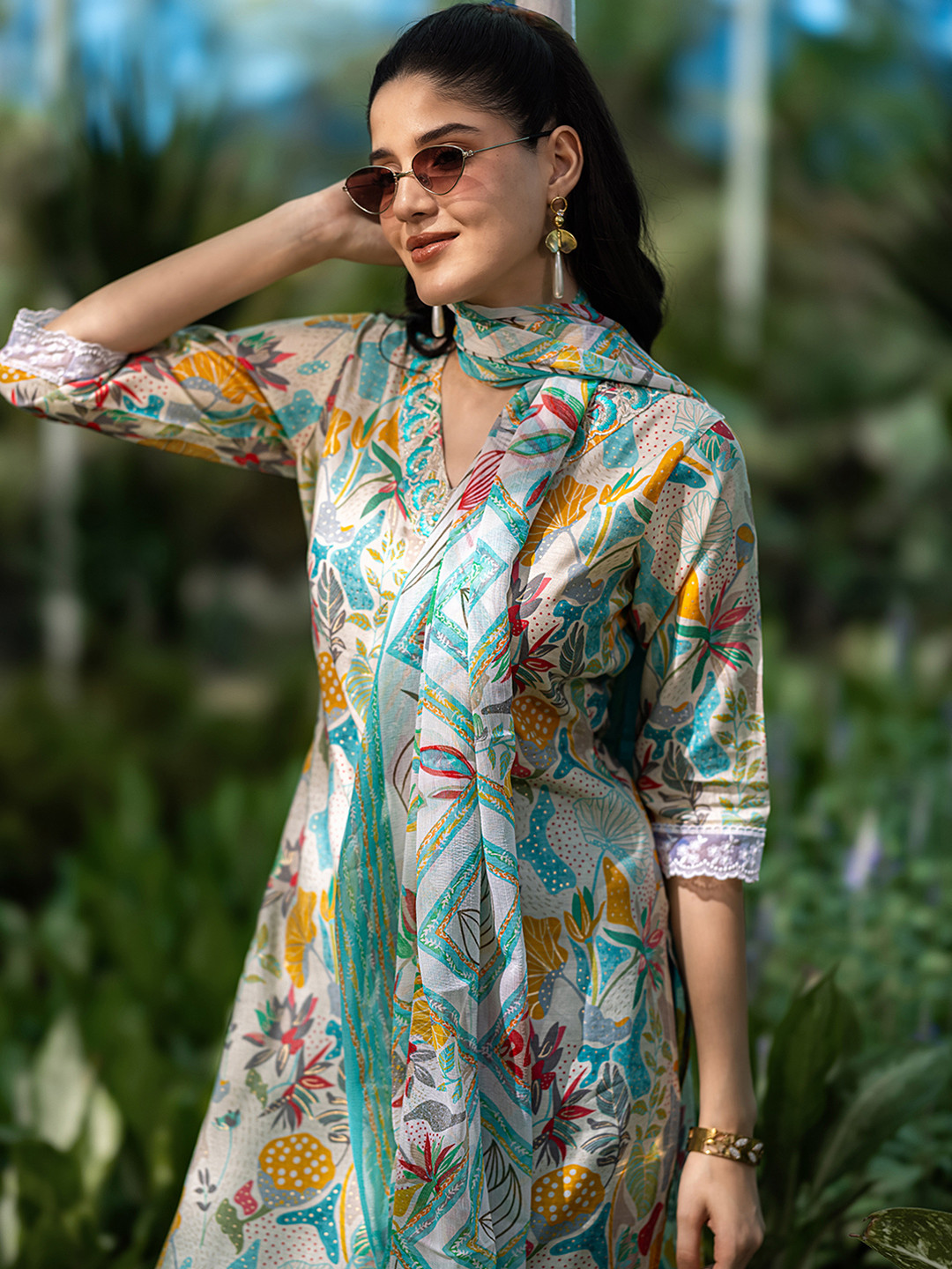 Libas White Floral Printed V-Neck Thread Work Straight Kurta With Trousers & Dupatta