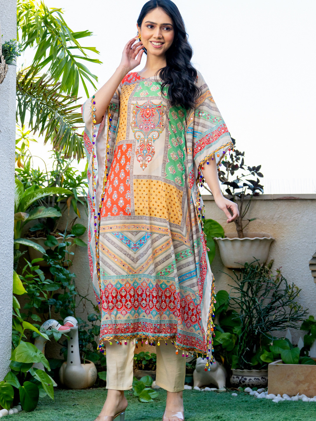 HOUSE OF JAMOTI Dazzling Floral Printed Kaftan Kurta with Trousers Set