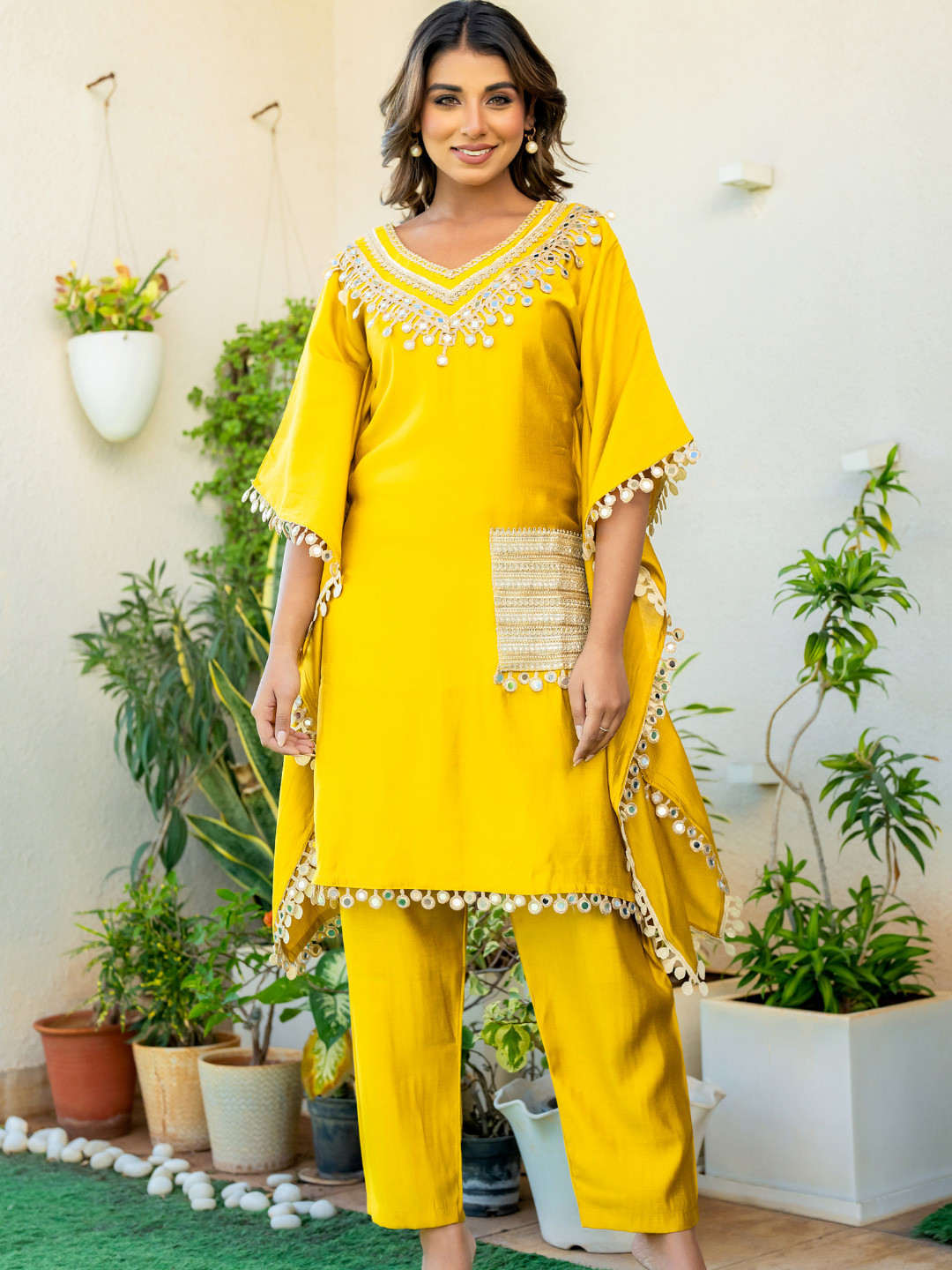 HOUSE OF JAMOTI Dijon Women Embroidered Mirror Work Gotta Patti Kaftan Kurta with Trousers