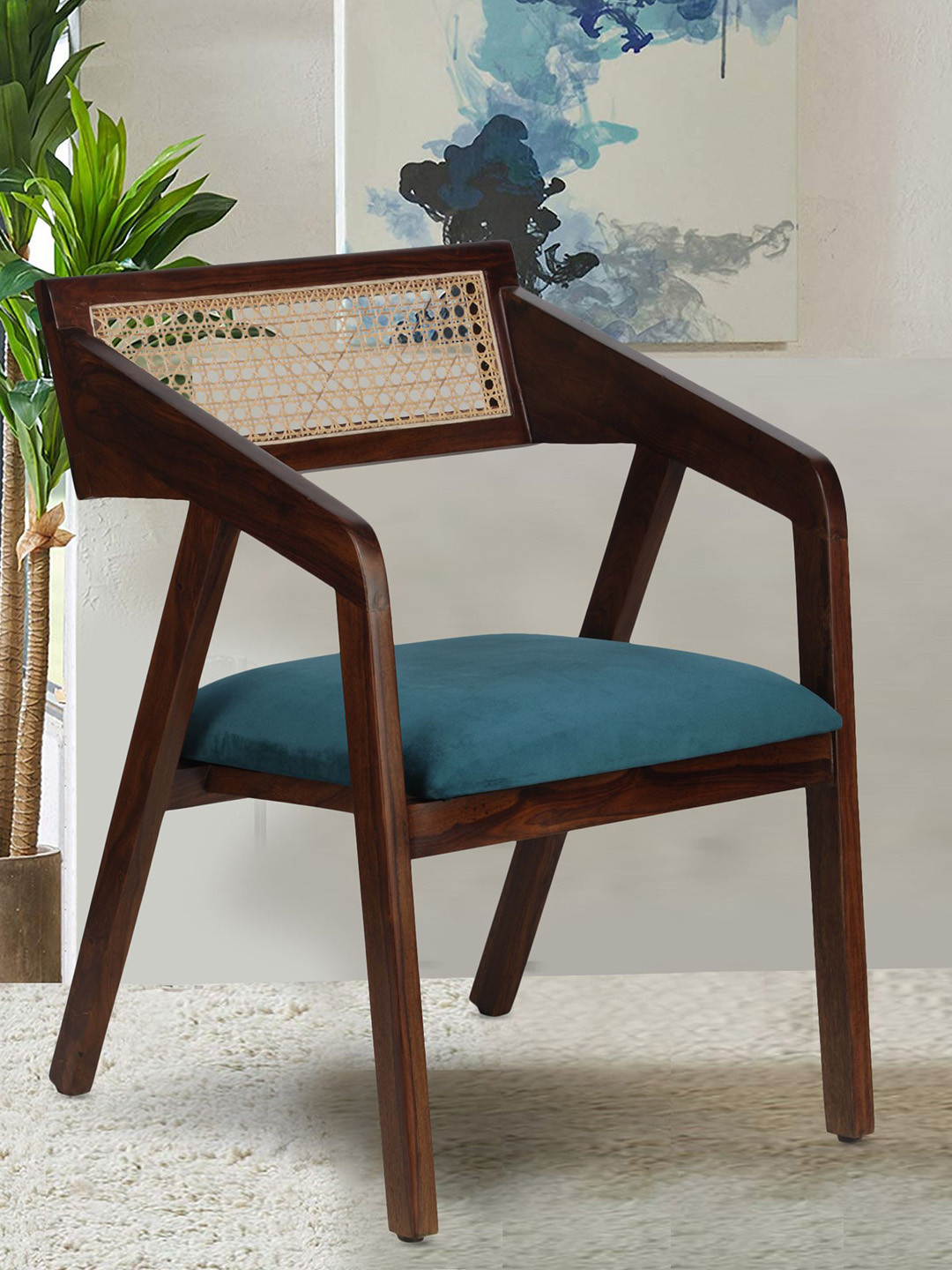 GLOBALLY INDIAN Brown & Teal Wooden Accent -Style Arm Lounge Chair
