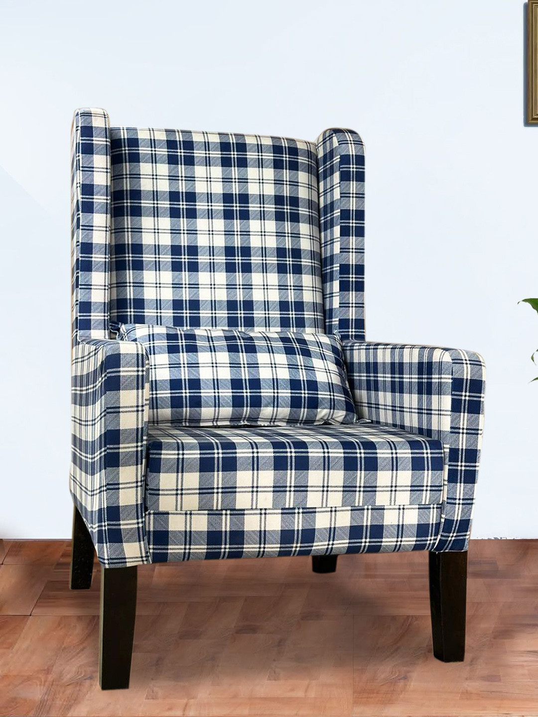 GLOBALLY INDIAN White & Blue Checked Wingback Wooden Arm Lounge Chair