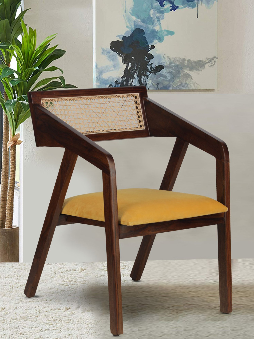 GLOBALLY INDIAN Yellow And Brown Cane-Back Accent Wooden Lounge Chair