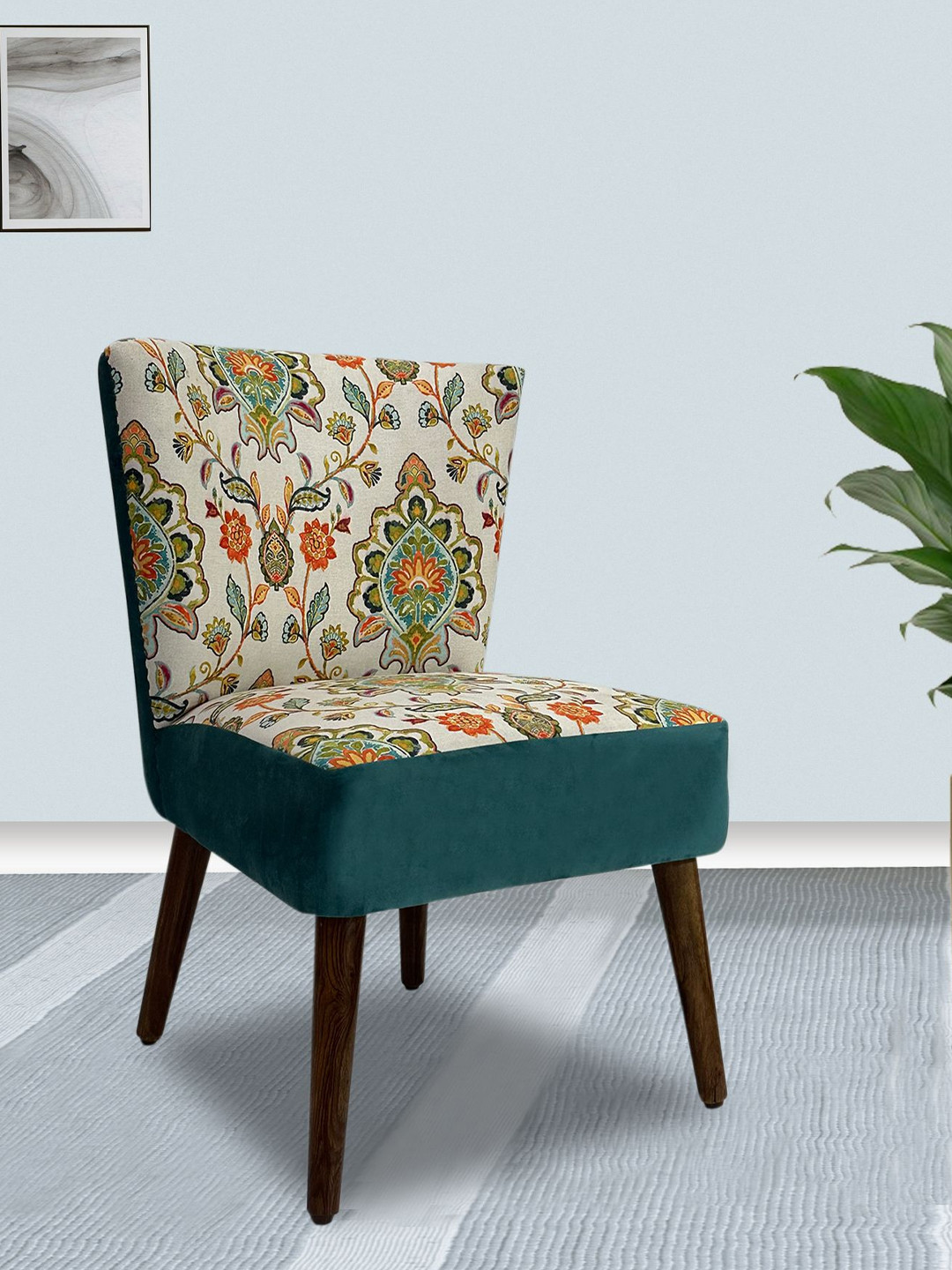 GLOBALLY INDIAN Teal-Green And Brown Printed Modern Accent Chair