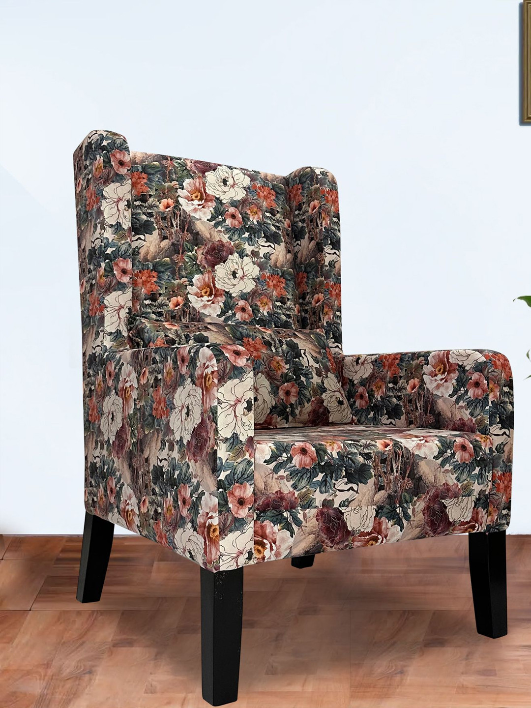 GLOBALLY INDIAN Beige & Green Printed Wingback Wooden Arm Lounge Chair