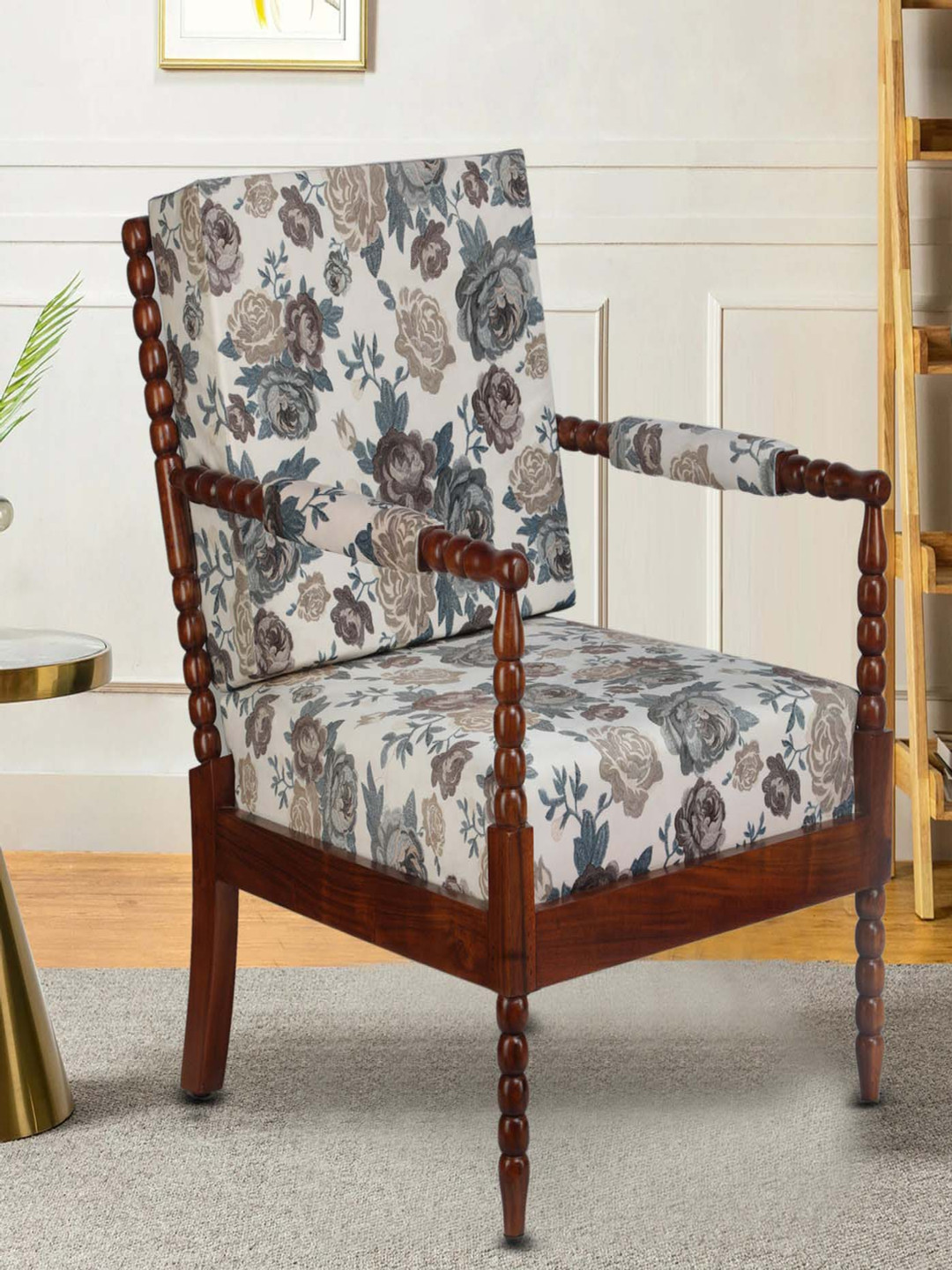 GLOBALLY INDIAN Grey & White Printed Classic Wooden Lounge Chair