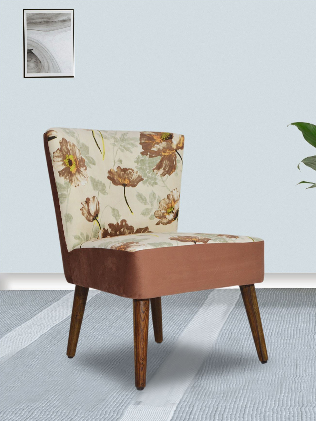 GLOBALLY INDIAN White And Brown Floral Printed Modern Accent Wooden Lounge Chair