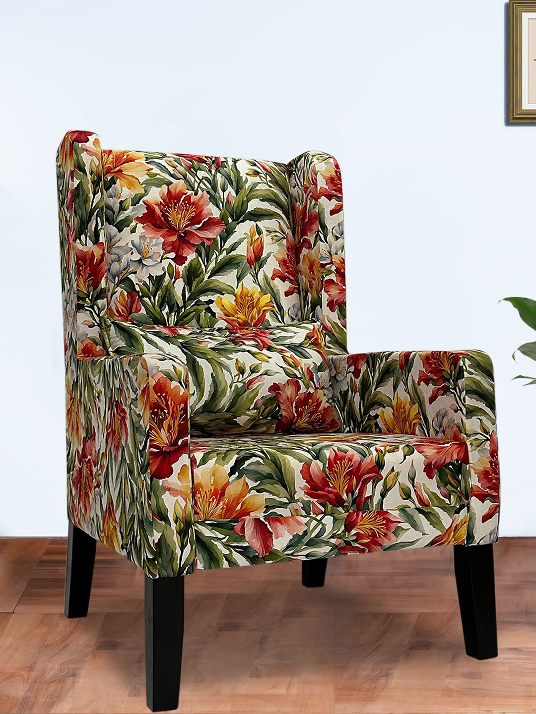 GLOBALLY INDIAN Green & Orange Printed Wingback Wooden Arm Lounge Chair