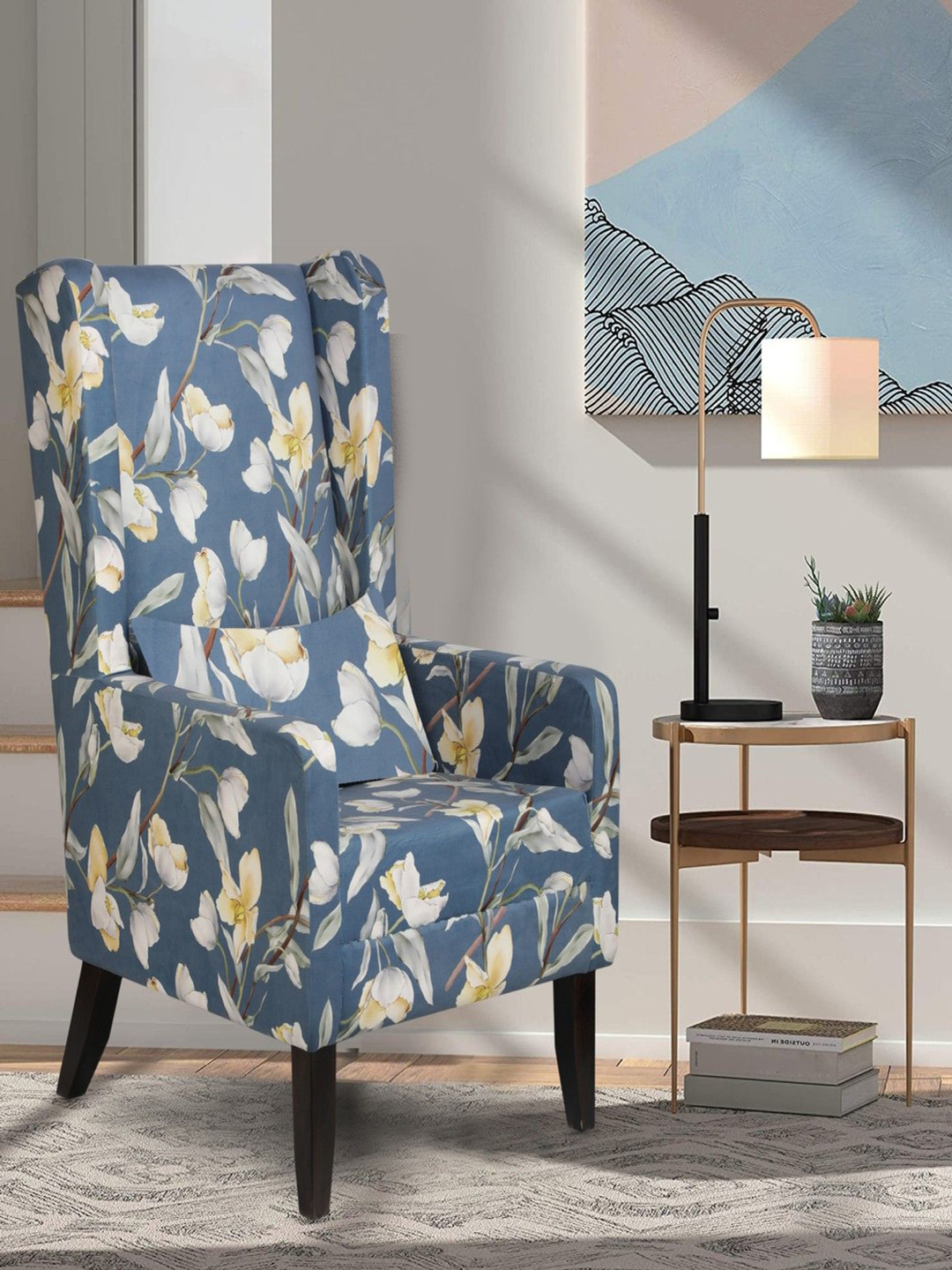GLOBALLY INDIAN Blue & White Printed Wingback Wooden Arm Lounge Chair