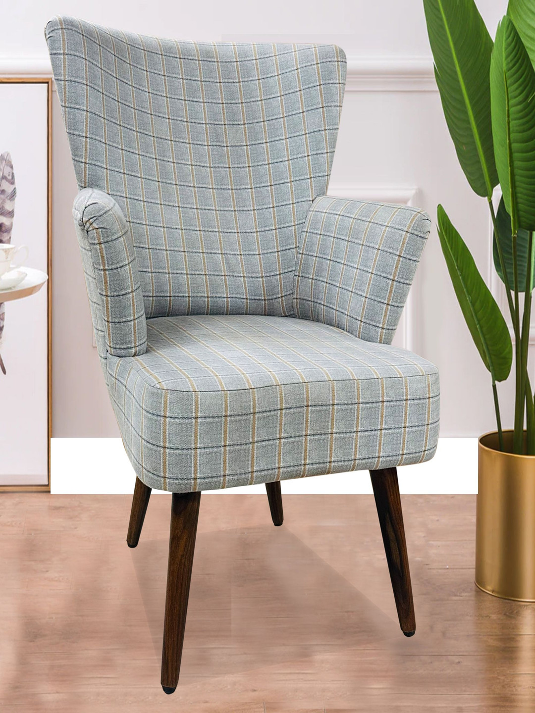 GLOBALLY INDIAN Blue & Beige Checked Wooden Accent-Style Arm Lounge Chair