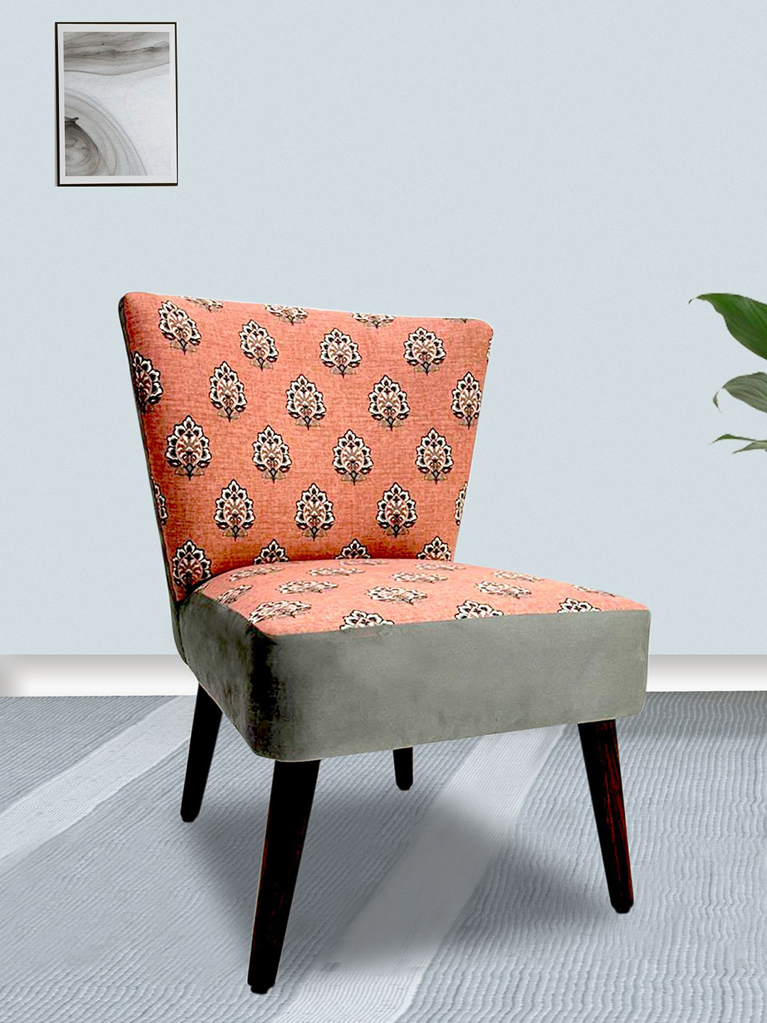 GLOBALLY INDIAN Pink And Grey Printed Modern Accent Wooden Lounge Chair