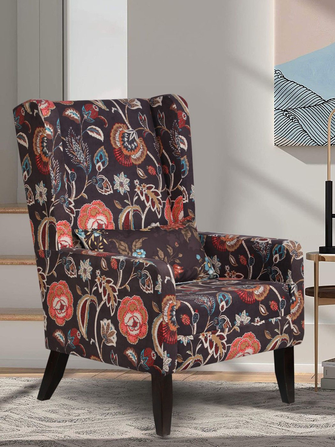 GLOBALLY INDIAN Brown & Rust Printed Printed Wingback Wooden Arm Lounge Chair