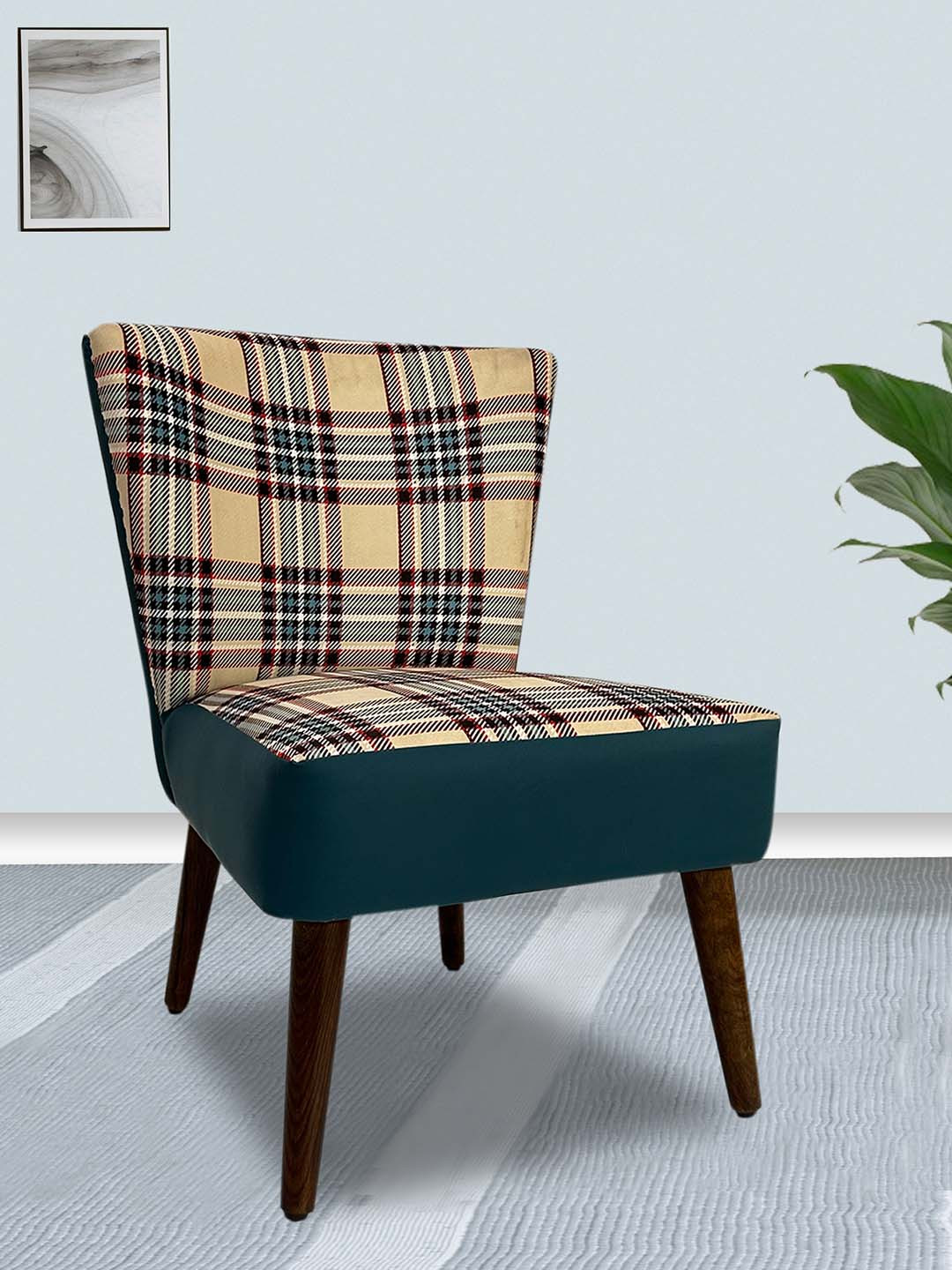 GLOBALLY INDIAN Teal Blue & Beige Checked Wooden Modern Accent-Style Lounge Chair