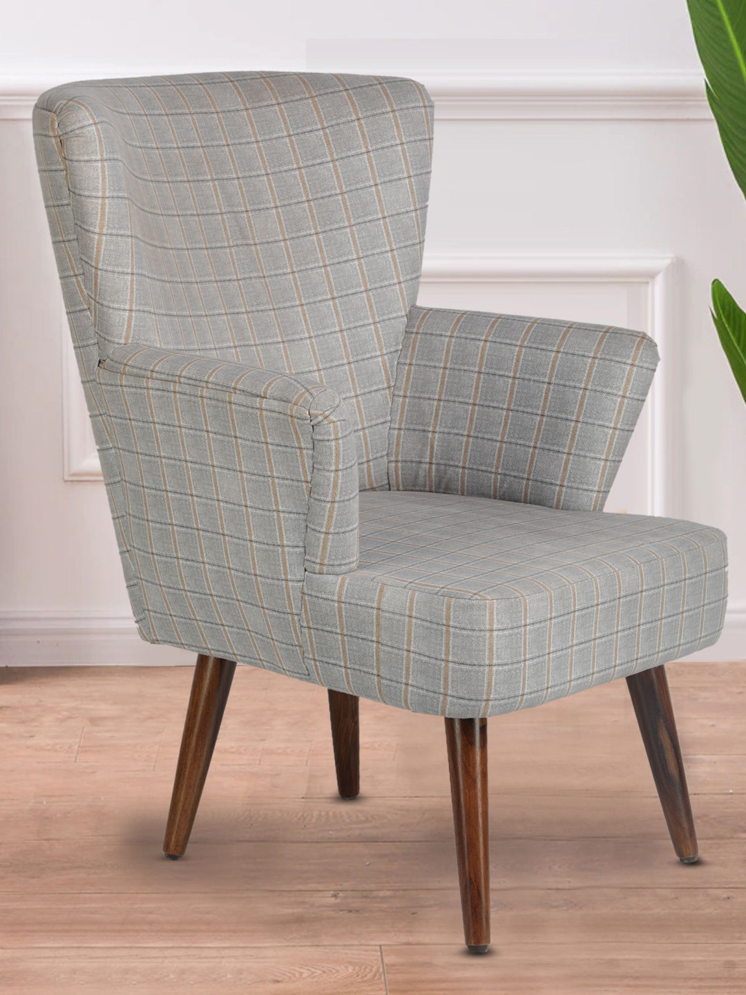 GLOBALLY INDIAN Grey And Brown Printed Accent Wooden Lounge Chair