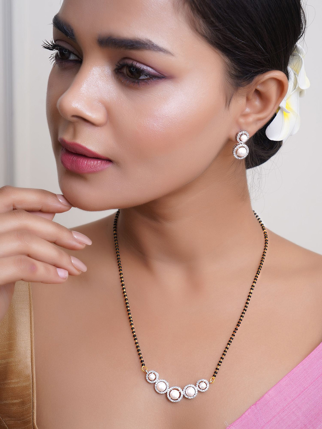 Adwitiya Collection Gold-Plated AD Mangalsutra with Earring