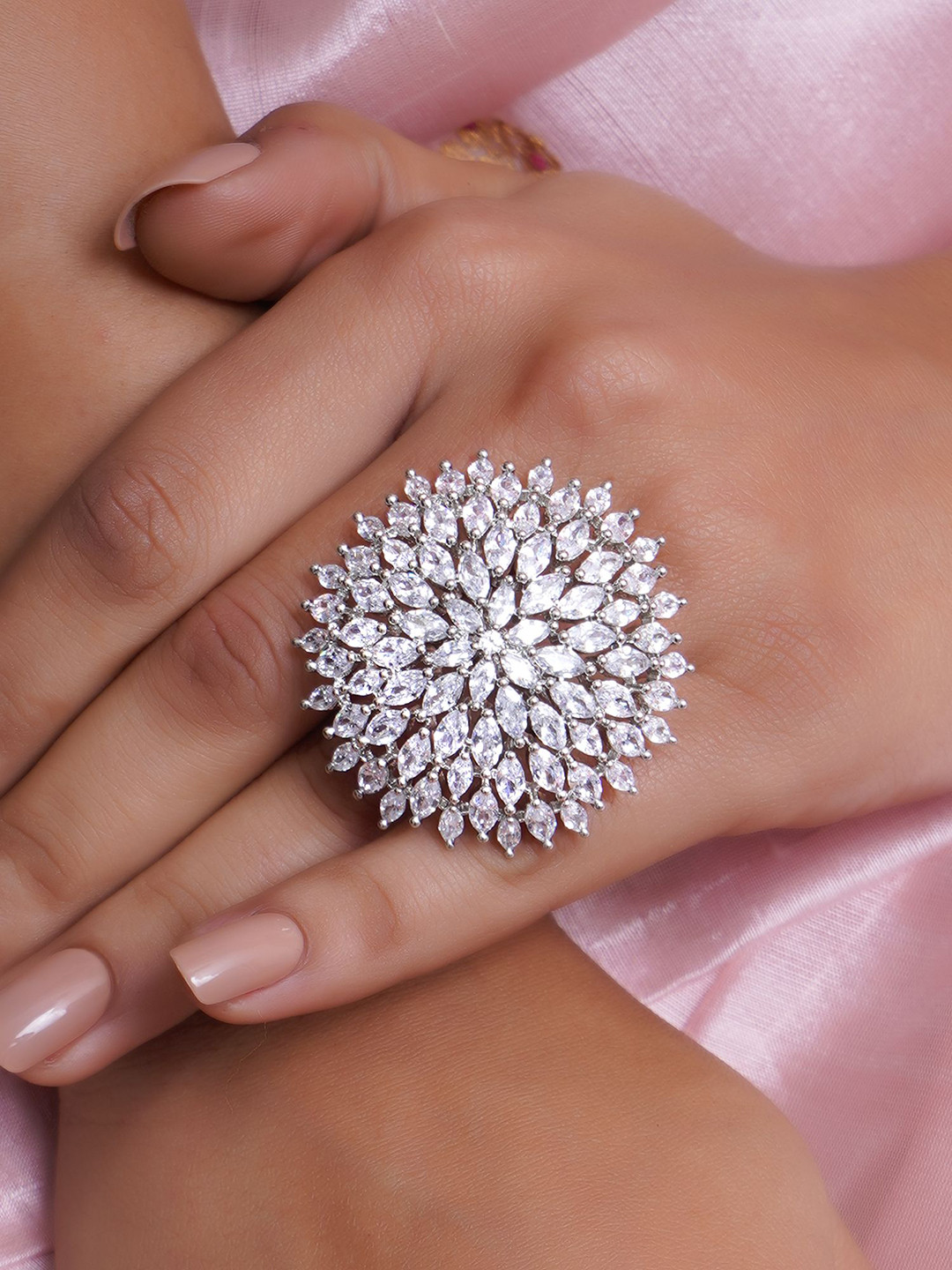 Adwitiya Collection Rhodium-Plated American Diamond Studded Flower Shape Adjustable Ring