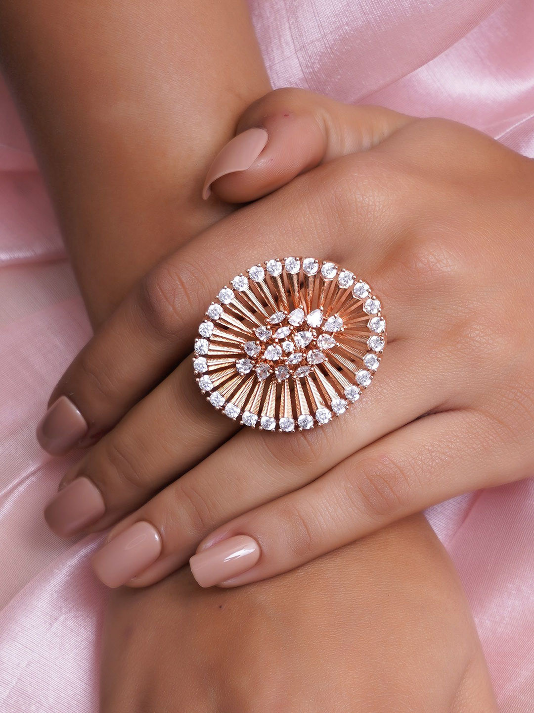 Adwitiya Collection Rose Gold Plated American Diamond Studded Oval Shape Adjustable Ring