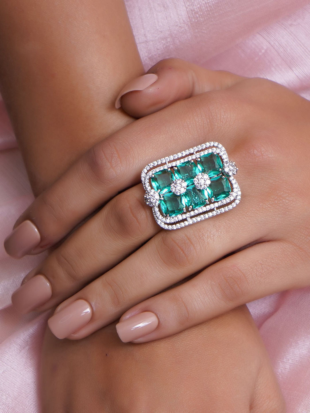 Adwitiya Collection Rhodium-Plated AD & Emerald Studded Adjustable Finger Ring